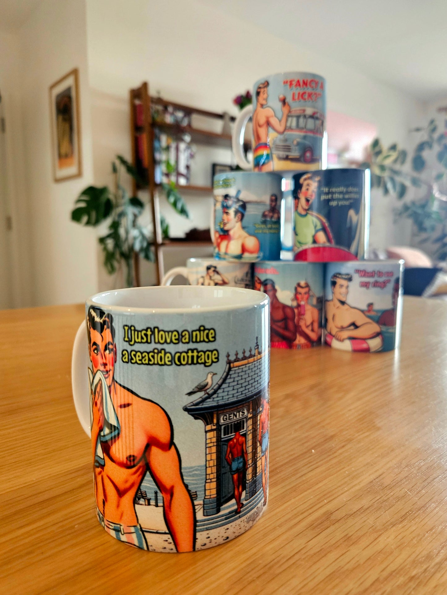 Funny gay ceramic mug inspired by saucy seaside postcard cartoon humour: Seaside Cottage