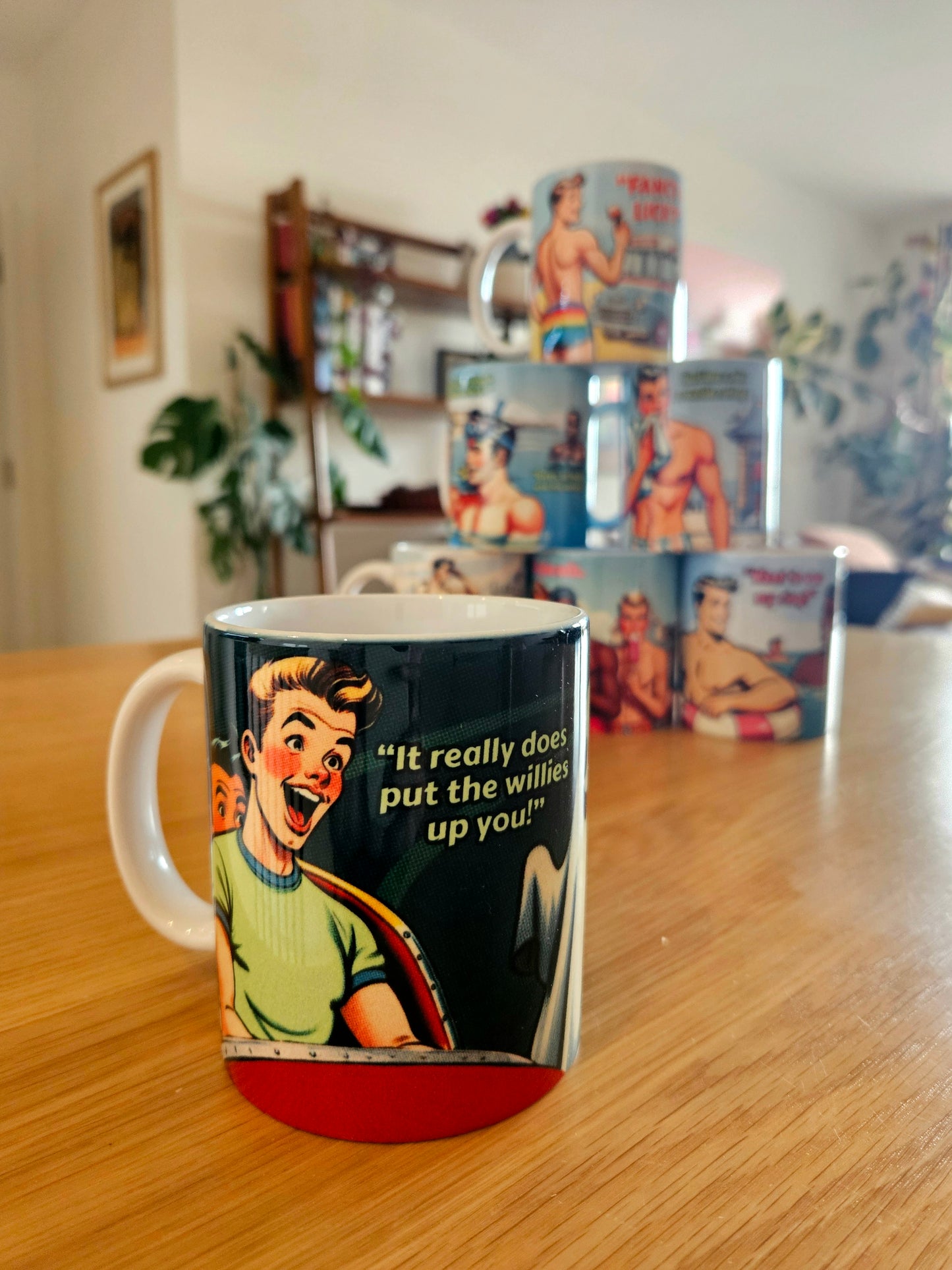 Funny gay ceramic mug inspired by saucy seaside postcard cartoon humour: Willies