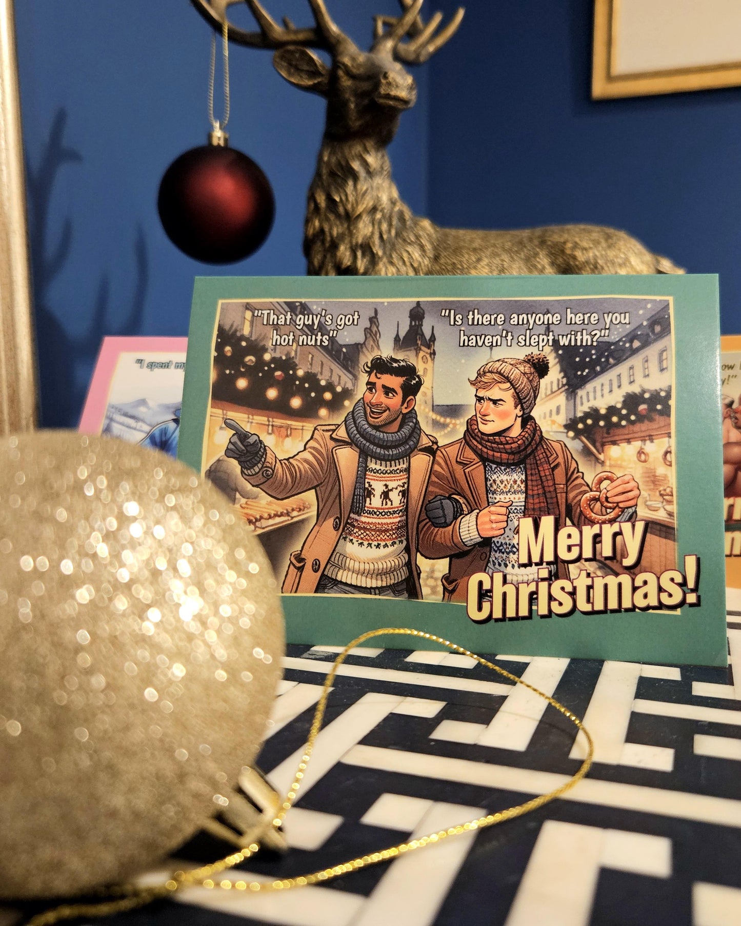 Funny Gay Christmas Card: Hot Nuts at the Christmas Market