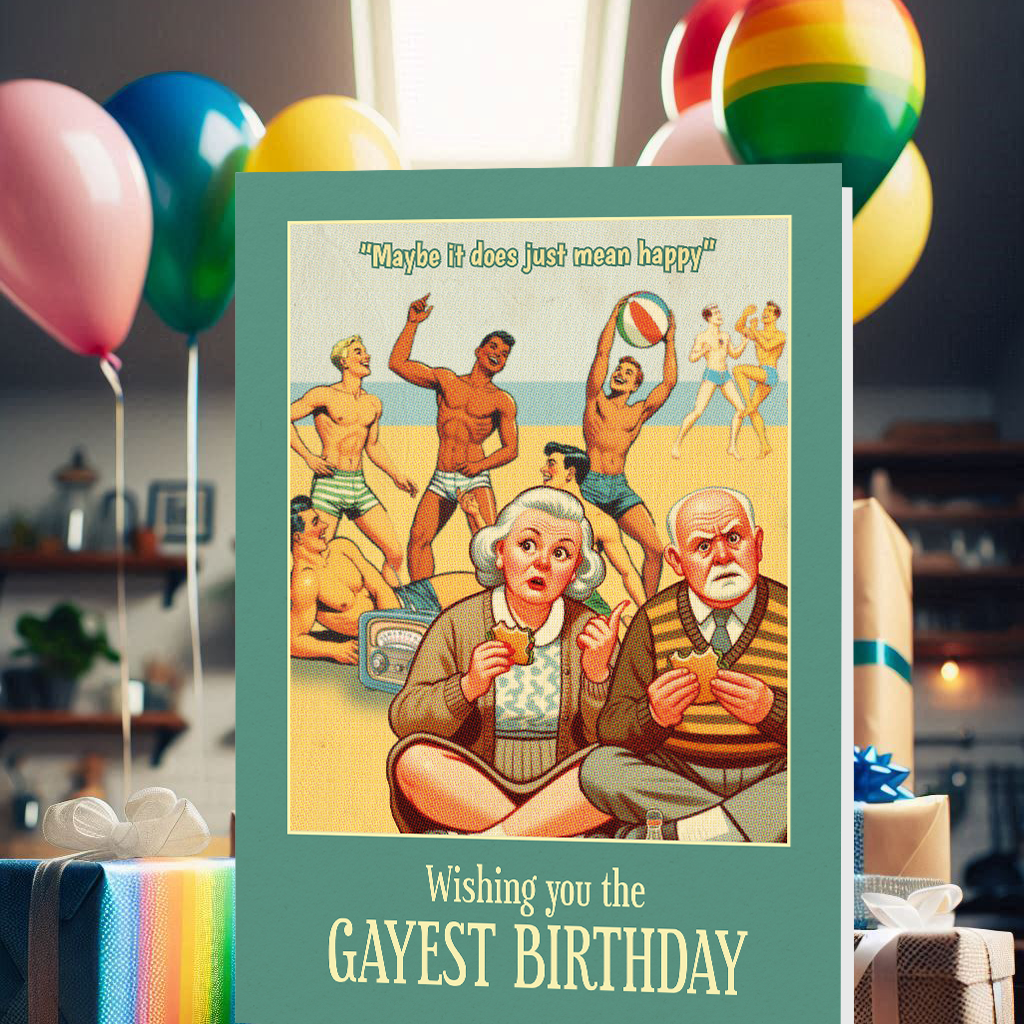 Funny Gay Birthday Card: Gay as in Happy
