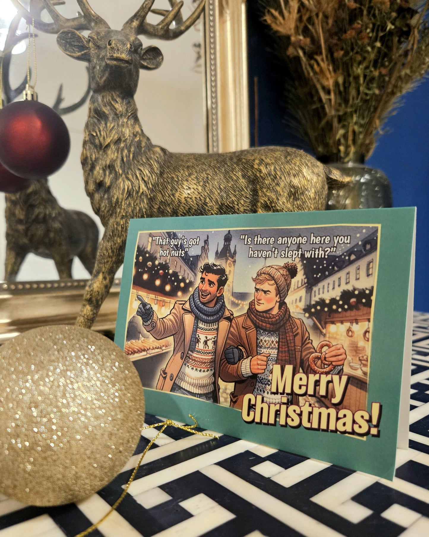 Funny Gay Christmas Card: Hot Nuts at the Christmas Market