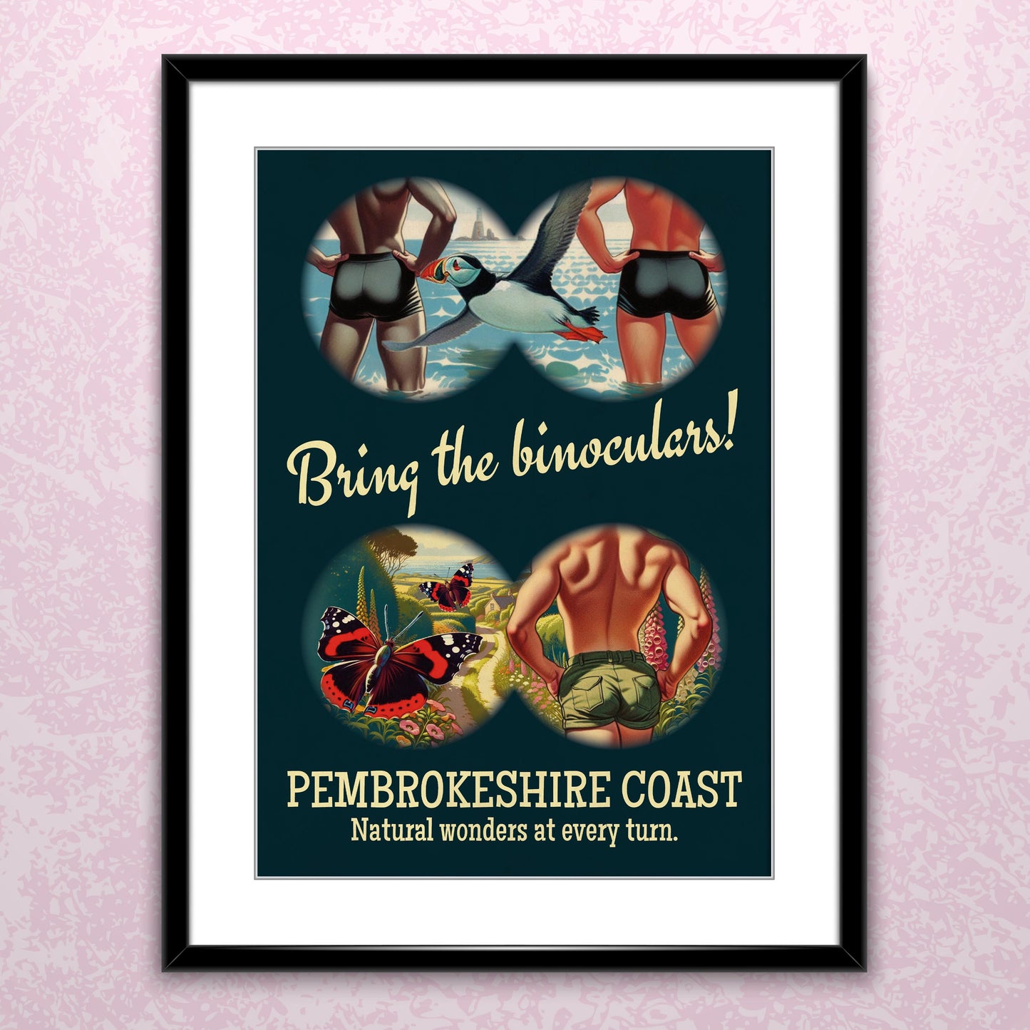 Gay retro travel poster print: Bring the binoculars