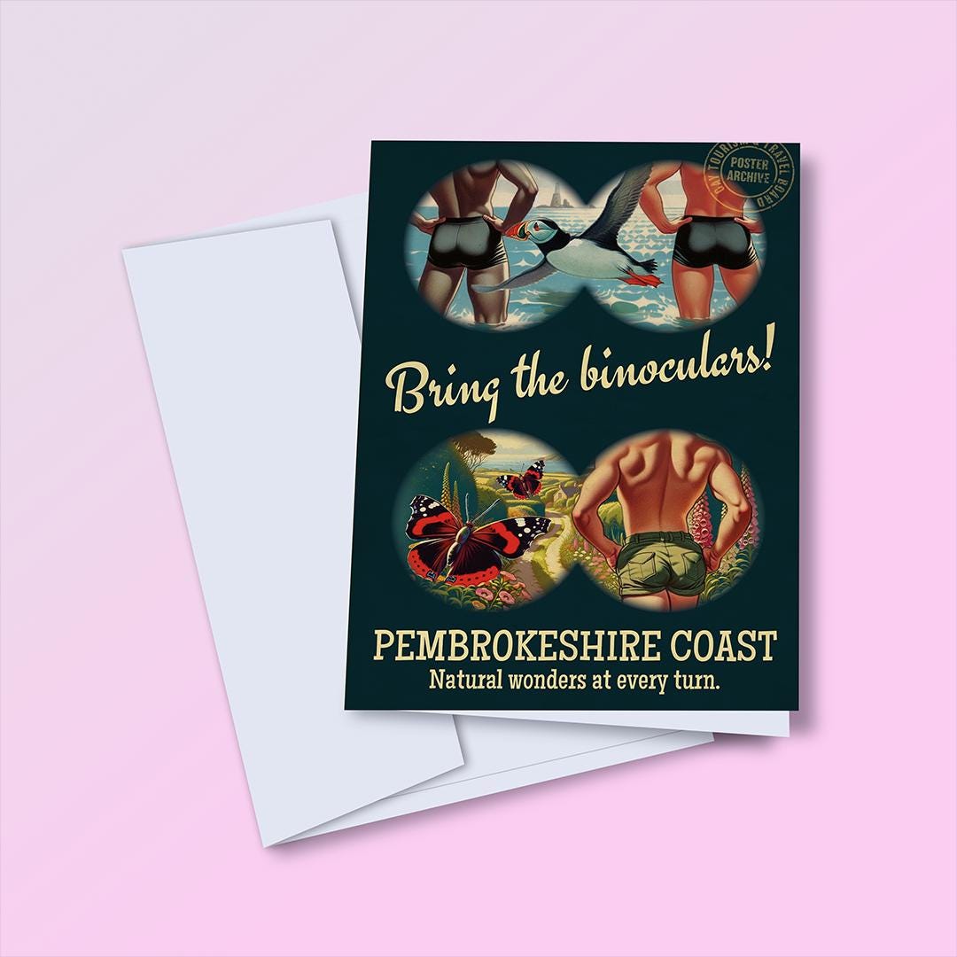 Funny gay greeting card: vintage travel poster - Bring the Binoculars