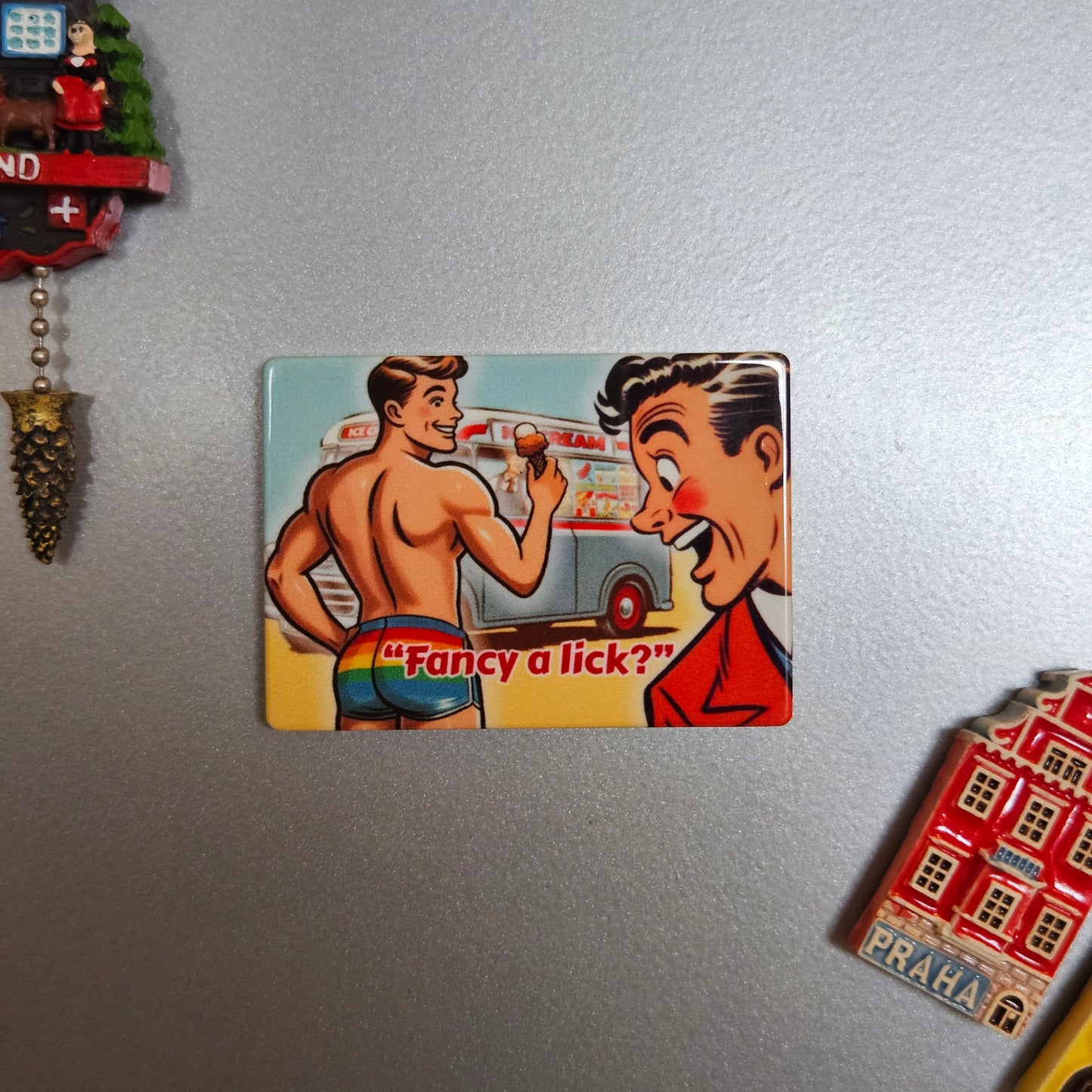 Gay retro fridge magnet: Fancy A Lick?