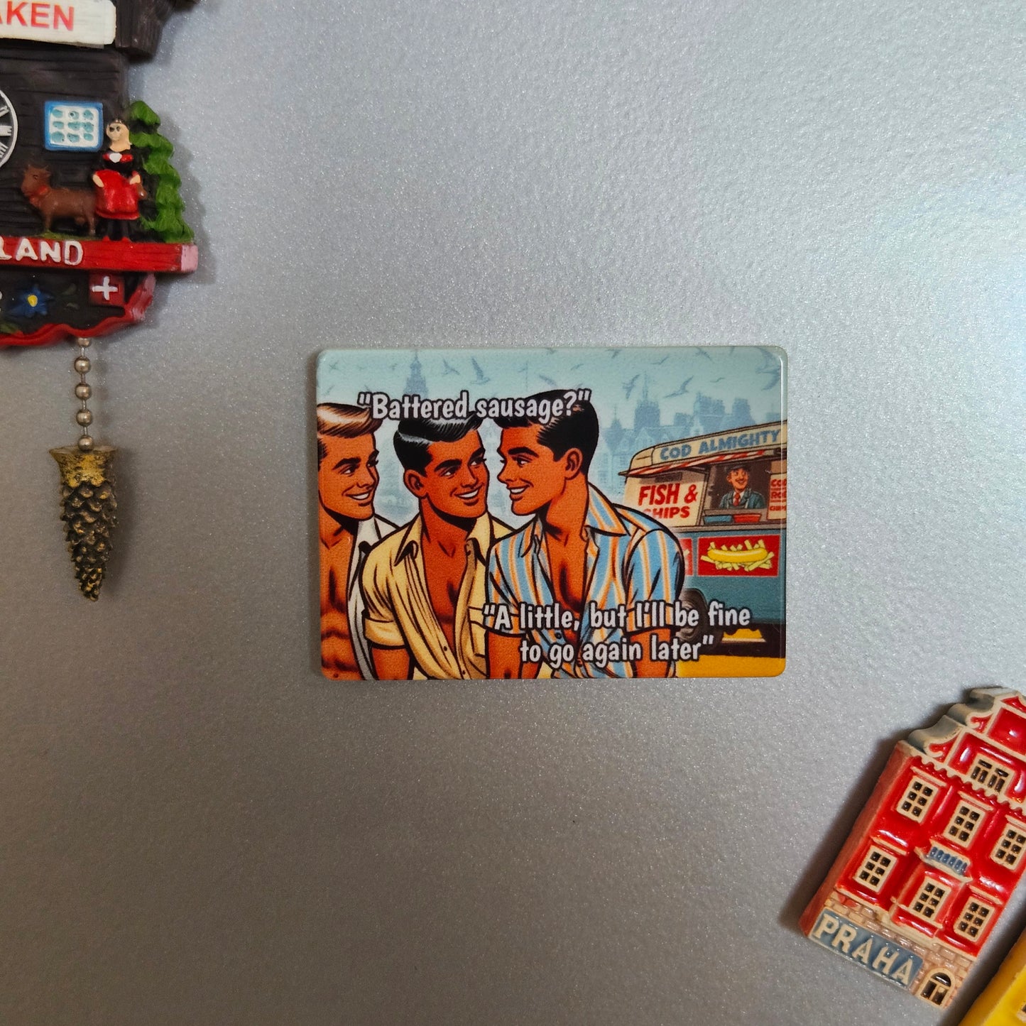 Gay retro fridge magnet: Battered Sausage