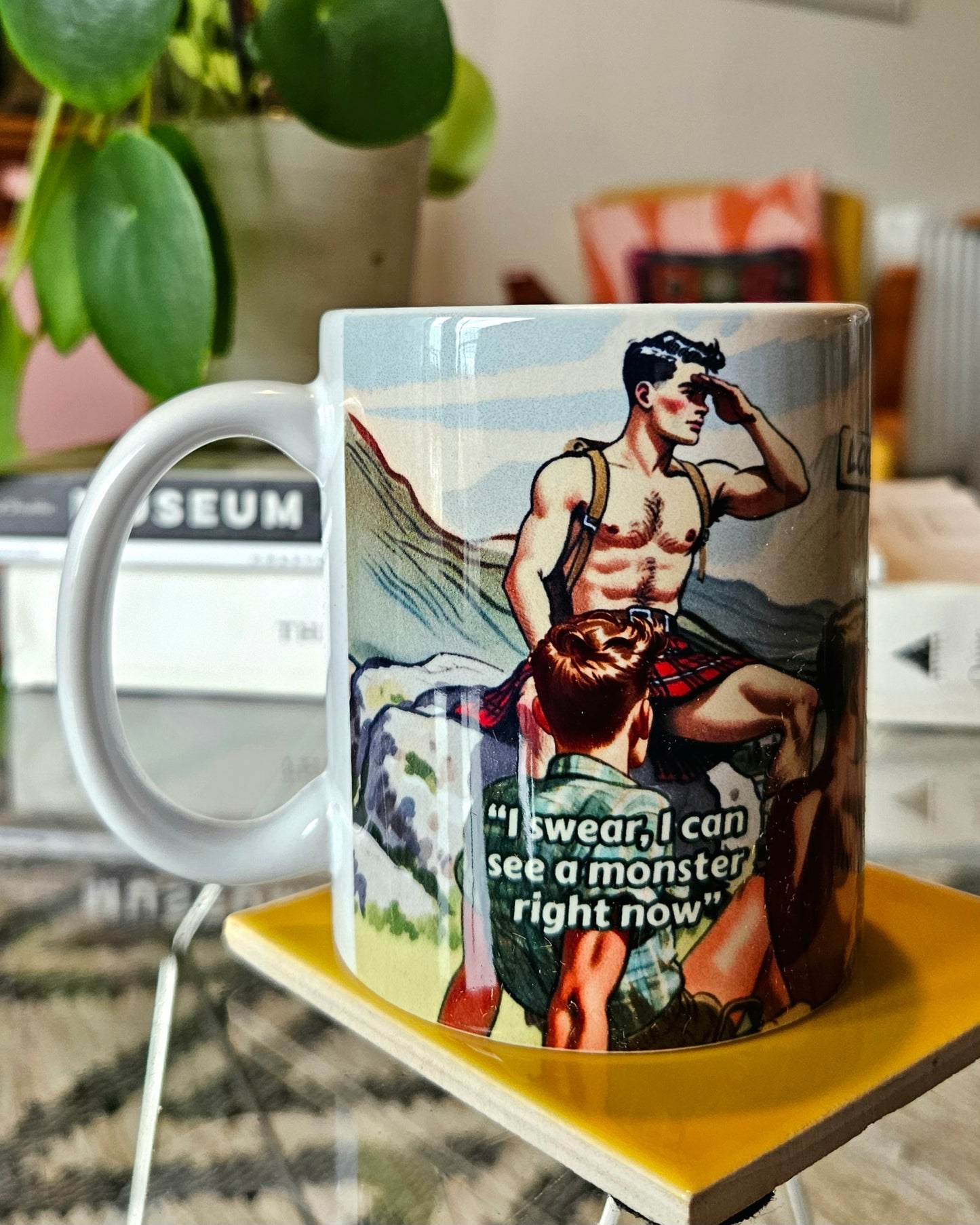 Funny gay ceramic mug inspired by saucy seaside postcard cartoon humour: Monster