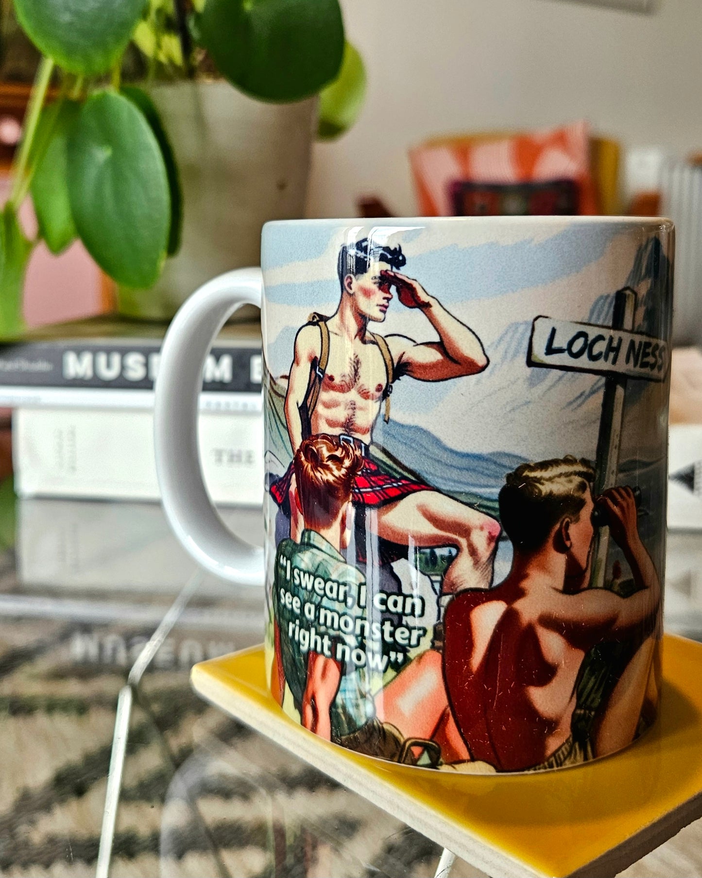 Funny gay ceramic mug inspired by saucy seaside postcard cartoon humour: Monster