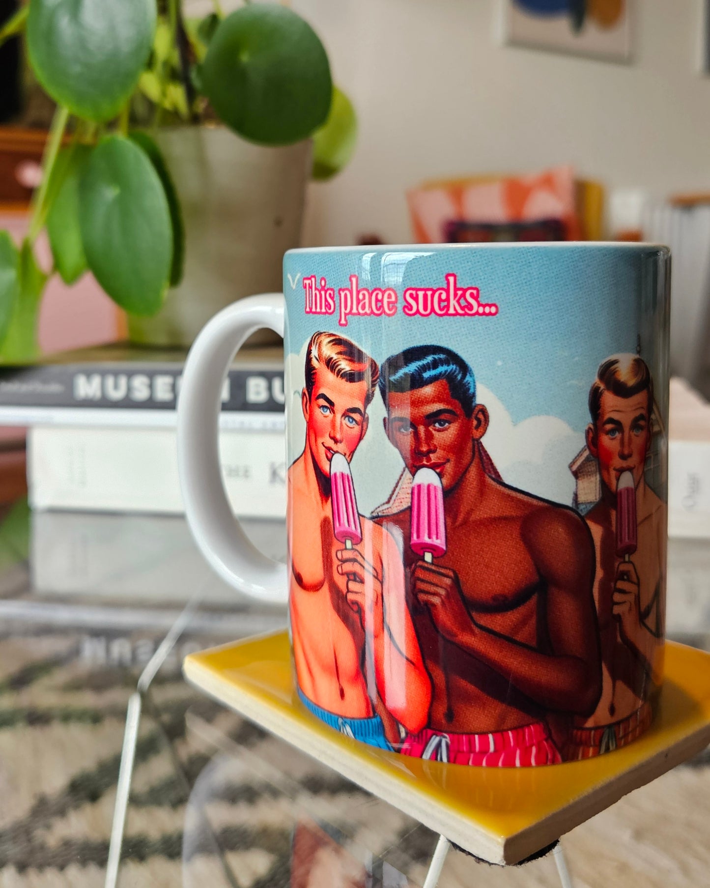 Funny gay ceramic mug inspired by saucy seaside postcard cartoon humour: This Place Sucks