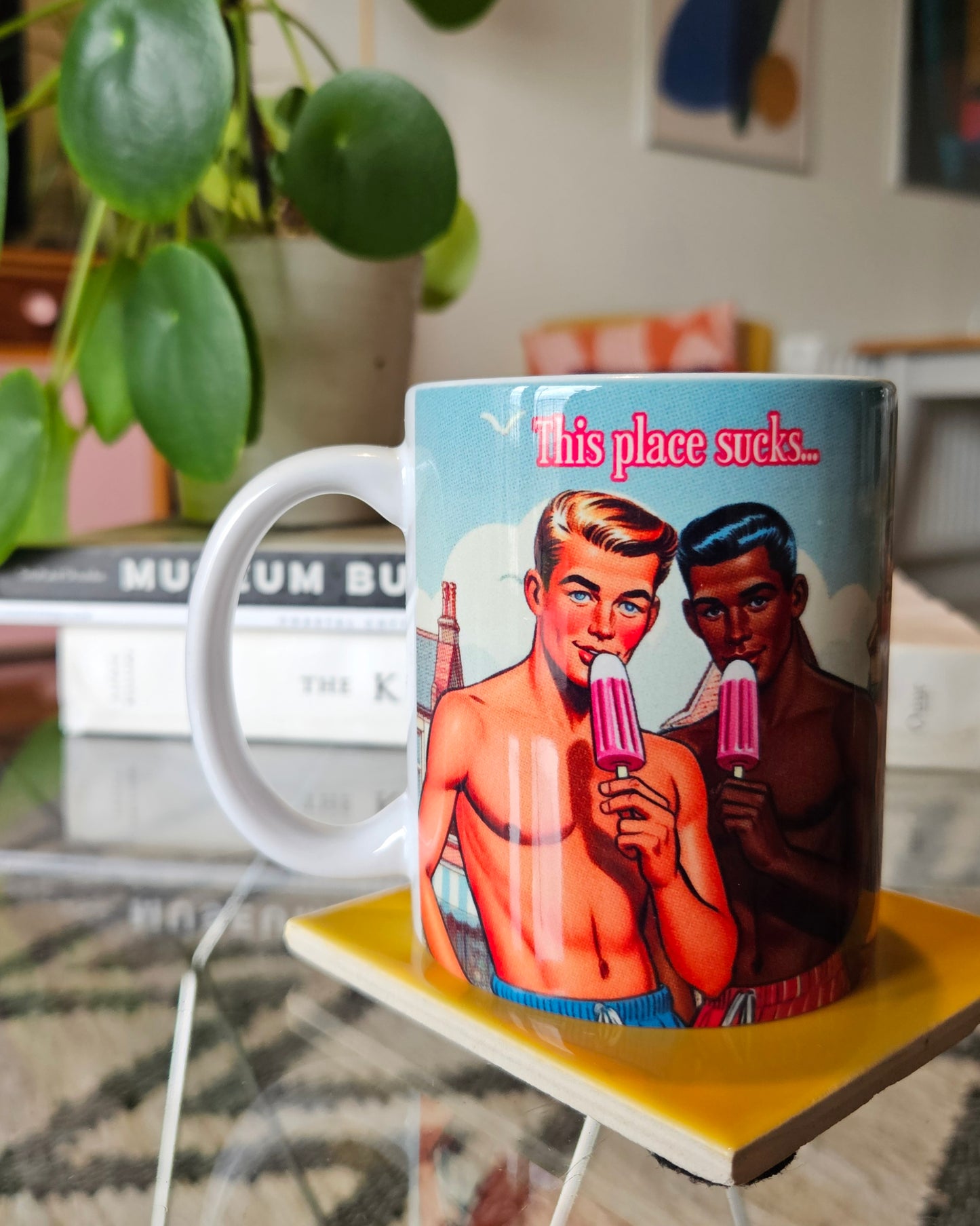 Funny gay ceramic mug inspired by saucy seaside postcard cartoon humour: This Place Sucks