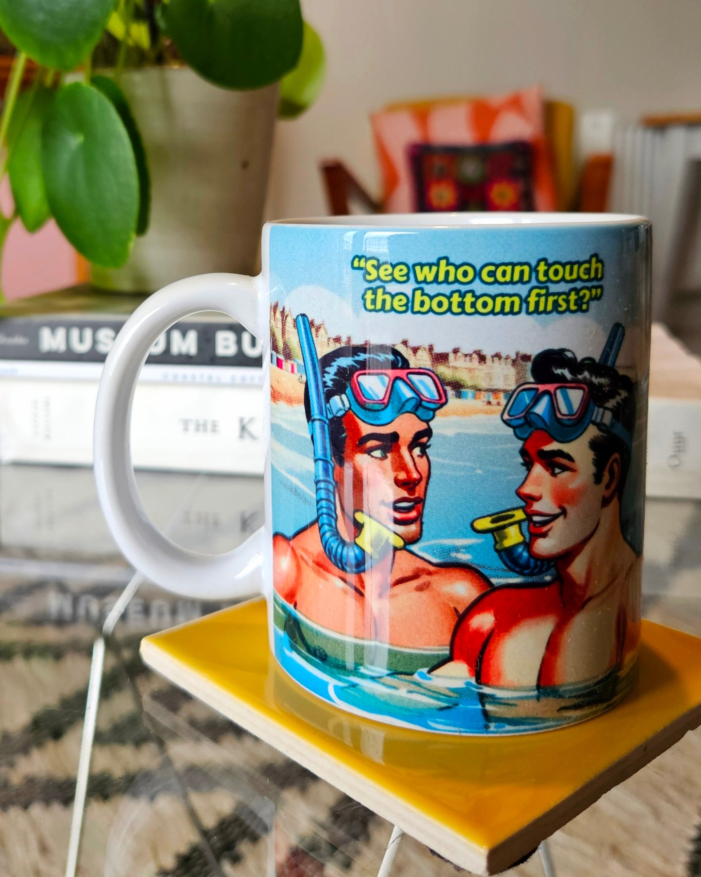 Funny gay ceramic mug inspired by saucy seaside postcard cartoon humour: Touch The Bottom