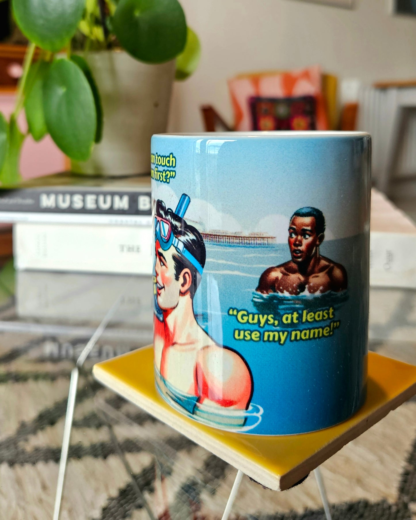 Funny gay ceramic mug inspired by saucy seaside postcard cartoon humour: Touch The Bottom