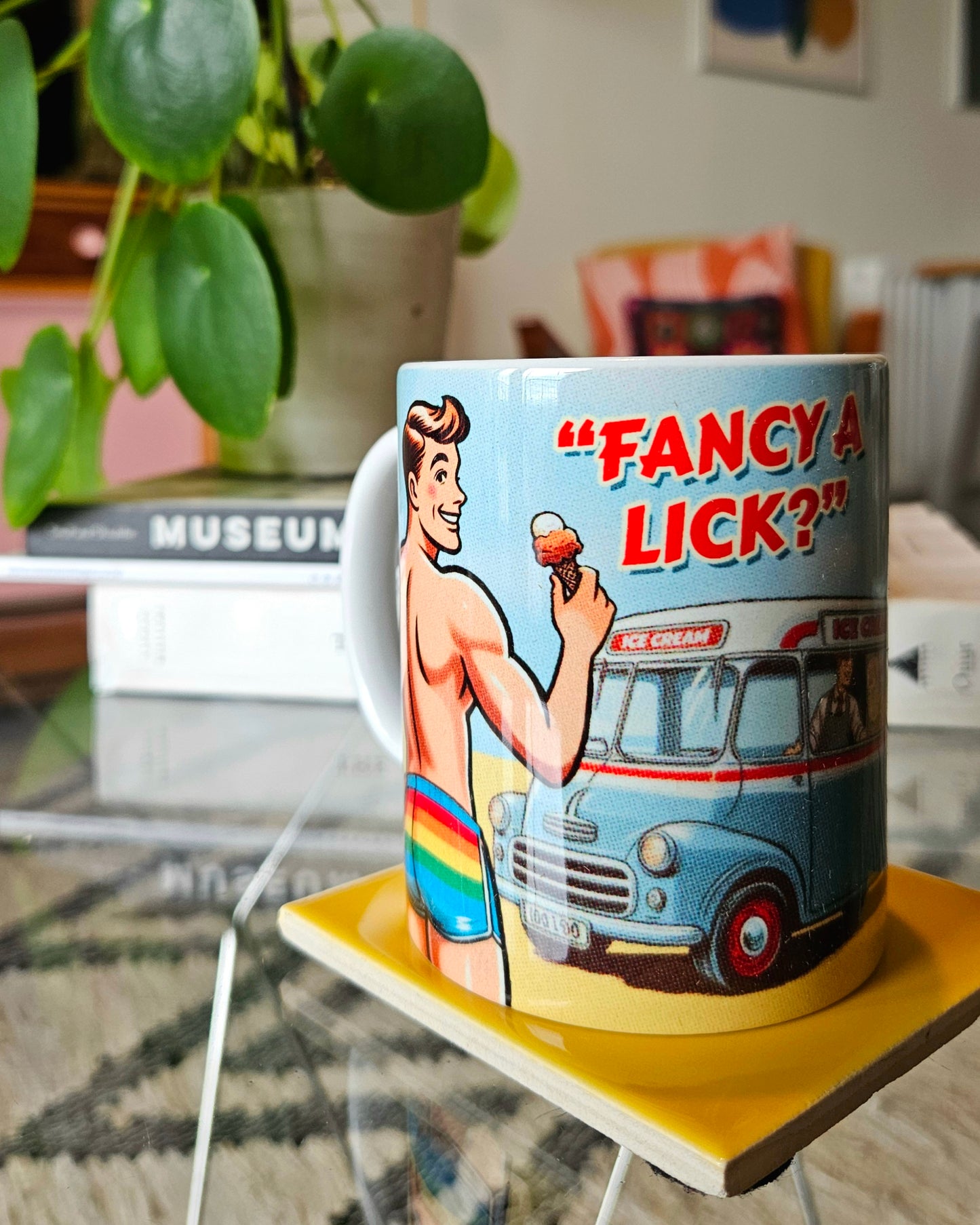 Funny gay ceramic mug inspired by saucy seaside postcard cartoon humour: Fancy A Lick?