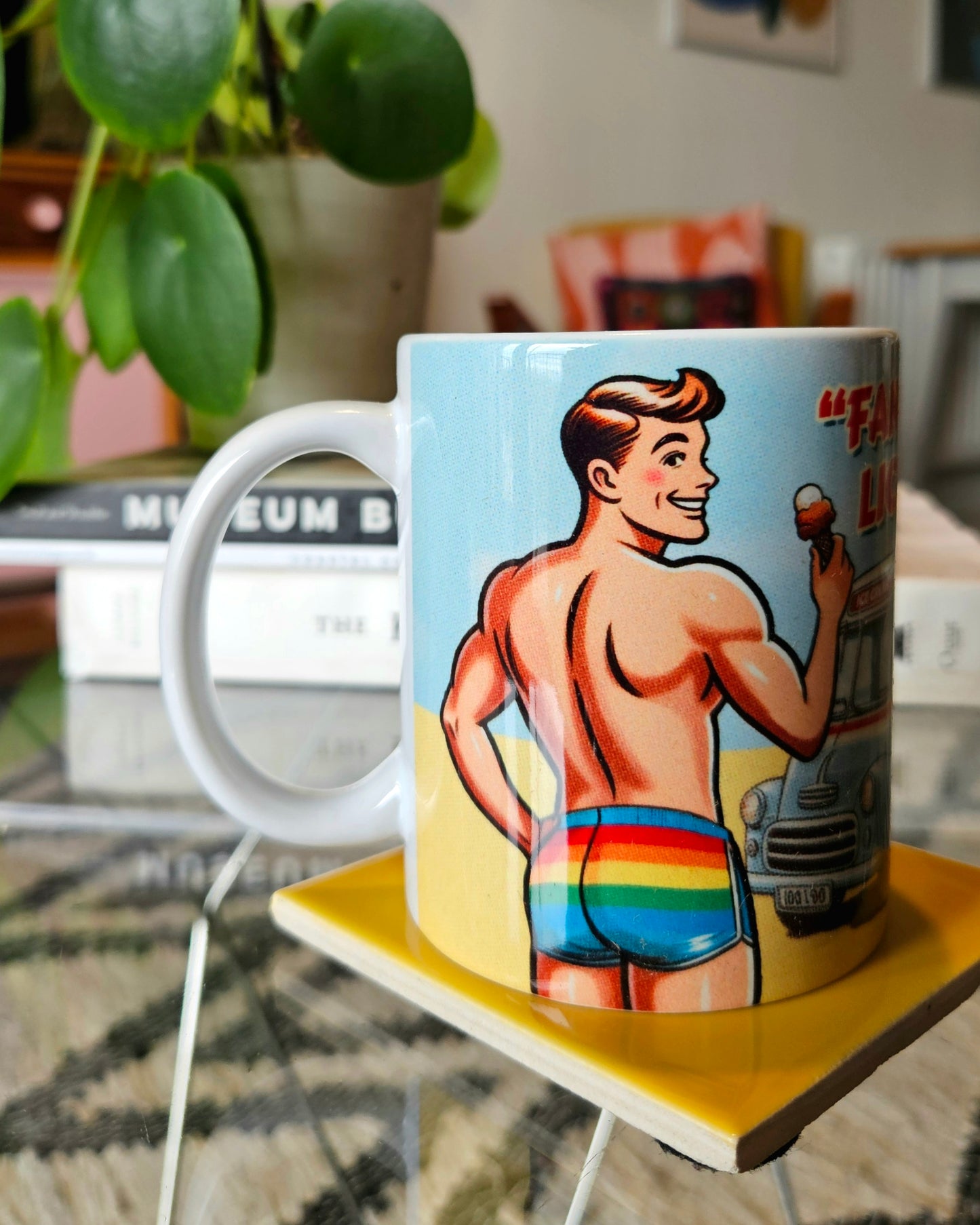 Funny gay ceramic mug inspired by saucy seaside postcard cartoon humour: Fancy A Lick?