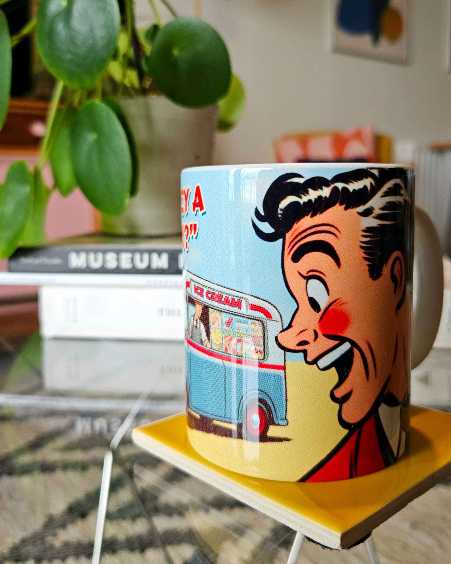 Funny gay ceramic mug inspired by saucy seaside postcard cartoon humour: Fancy A Lick?