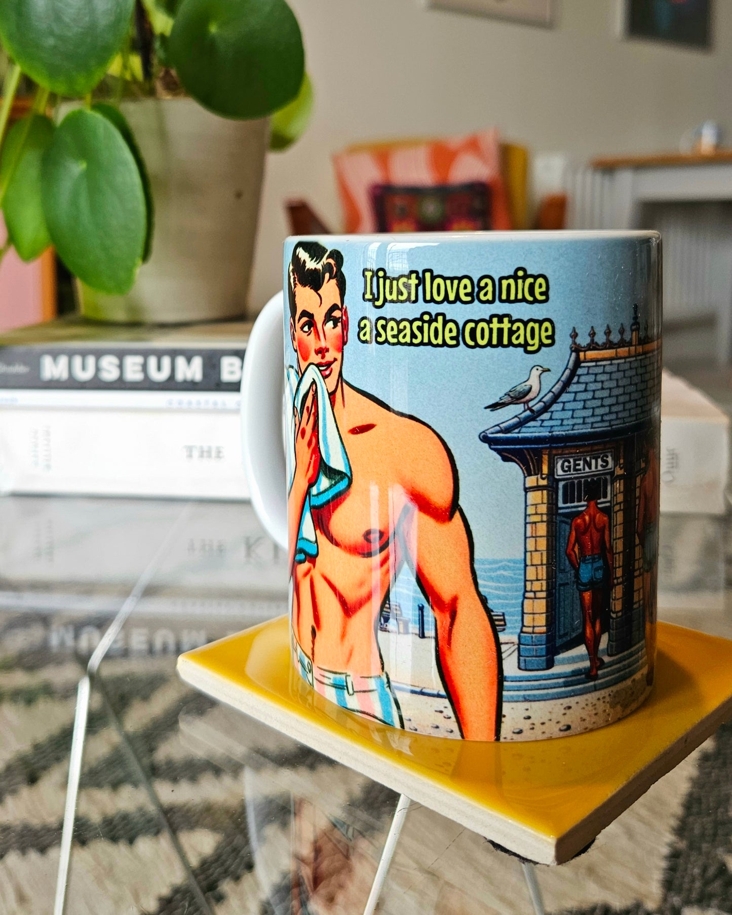 Funny gay ceramic mug inspired by saucy seaside postcard cartoon humour: Seaside Cottage