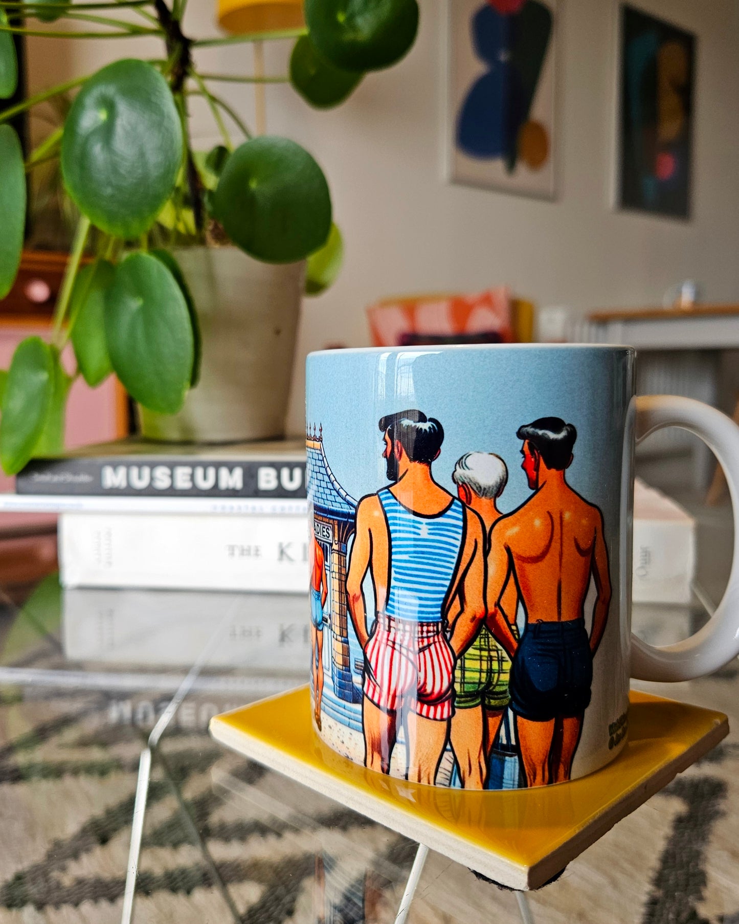 Funny gay ceramic mug inspired by saucy seaside postcard cartoon humour: Seaside Cottage