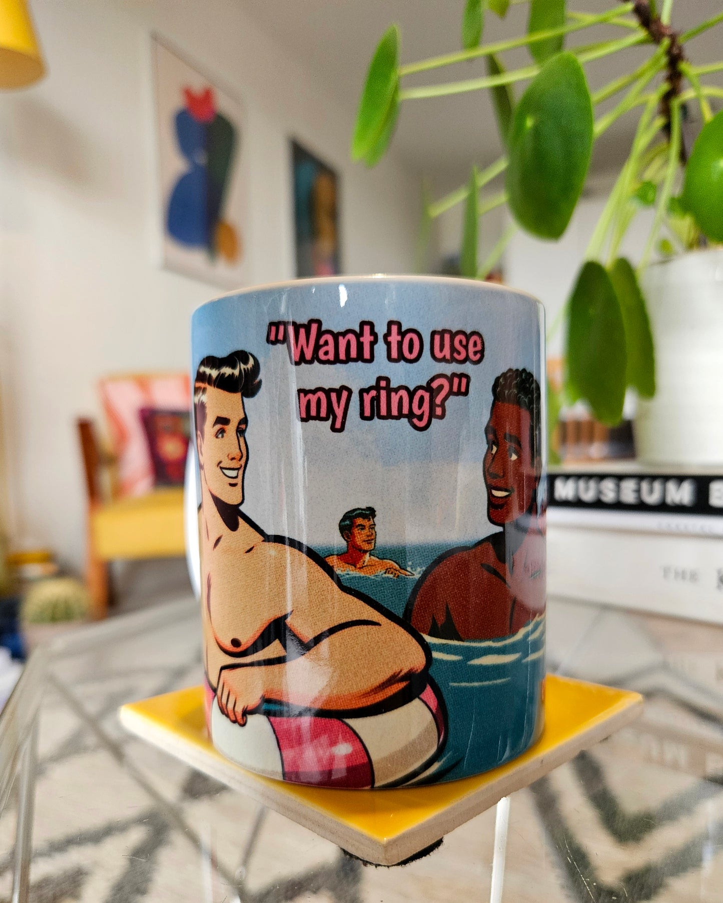 Funny gay ceramic mug inspired by saucy seaside postcard cartoon humour: Use My Ring