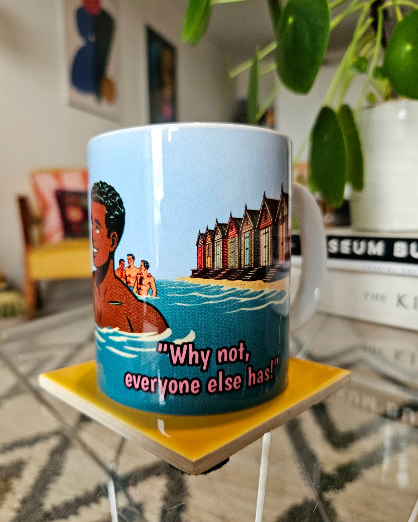 Funny gay ceramic mug inspired by saucy seaside postcard cartoon humour: Use My Ring