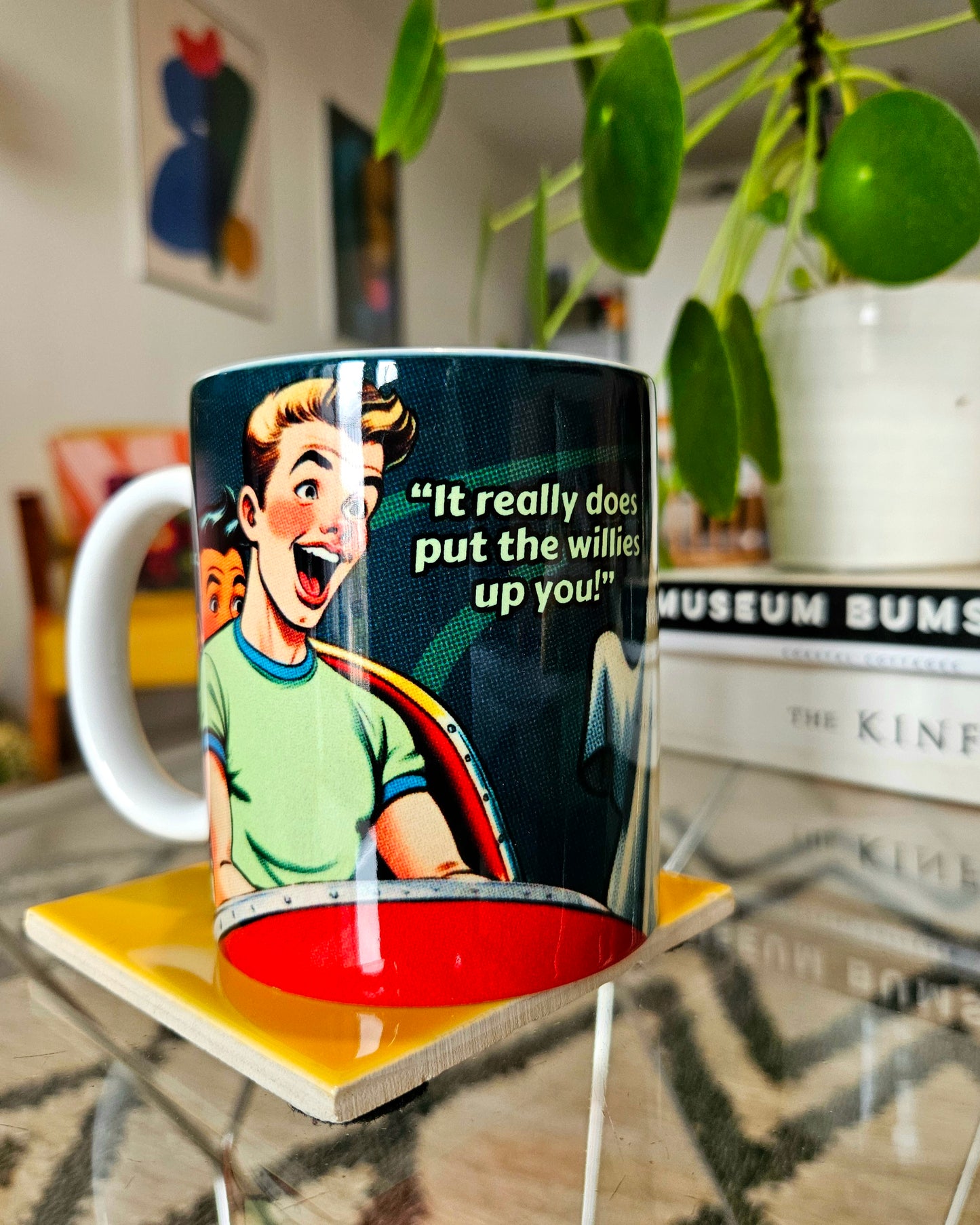 Funny gay ceramic mug inspired by saucy seaside postcard cartoon humour: Willies