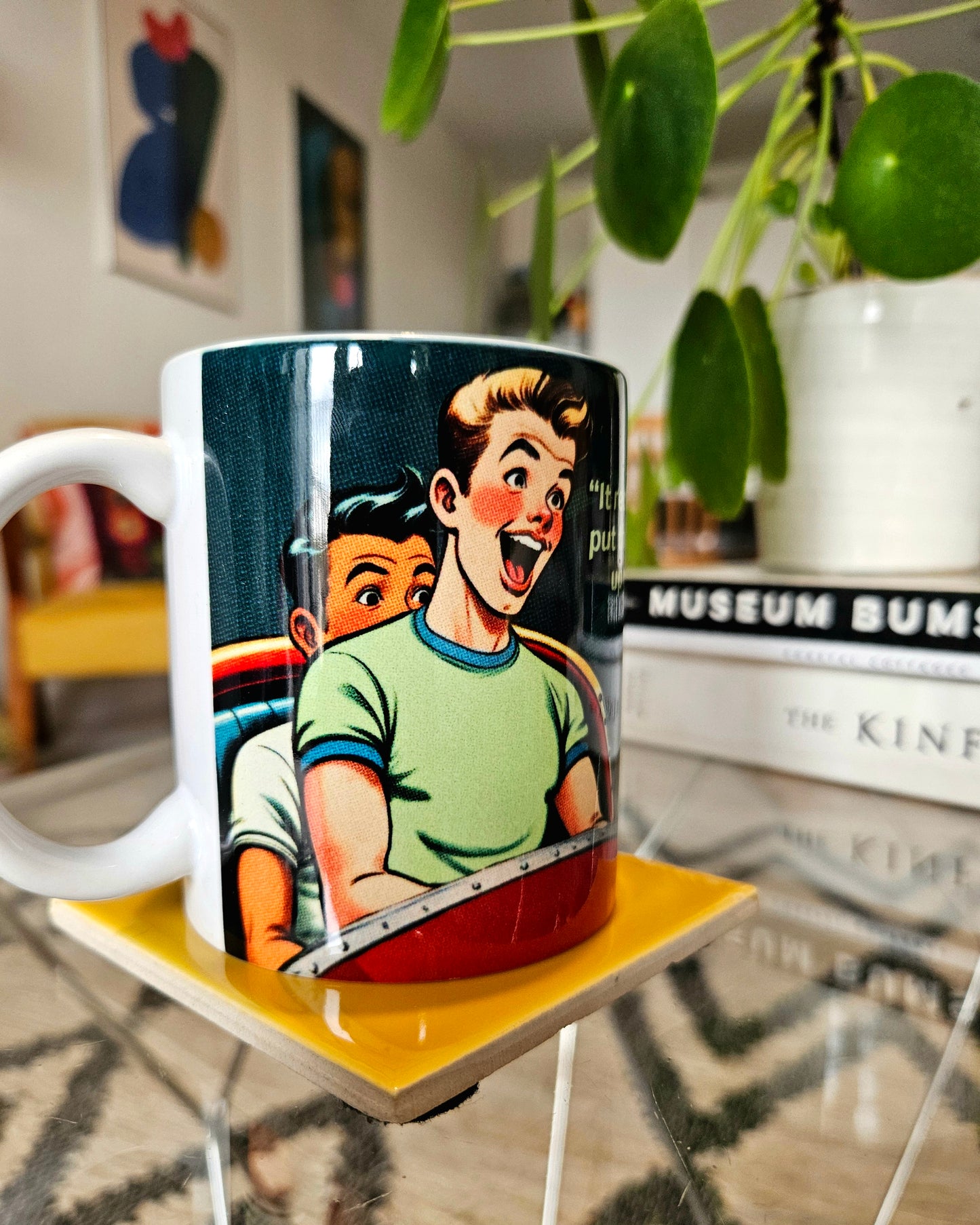 Funny gay ceramic mug inspired by saucy seaside postcard cartoon humour: Willies