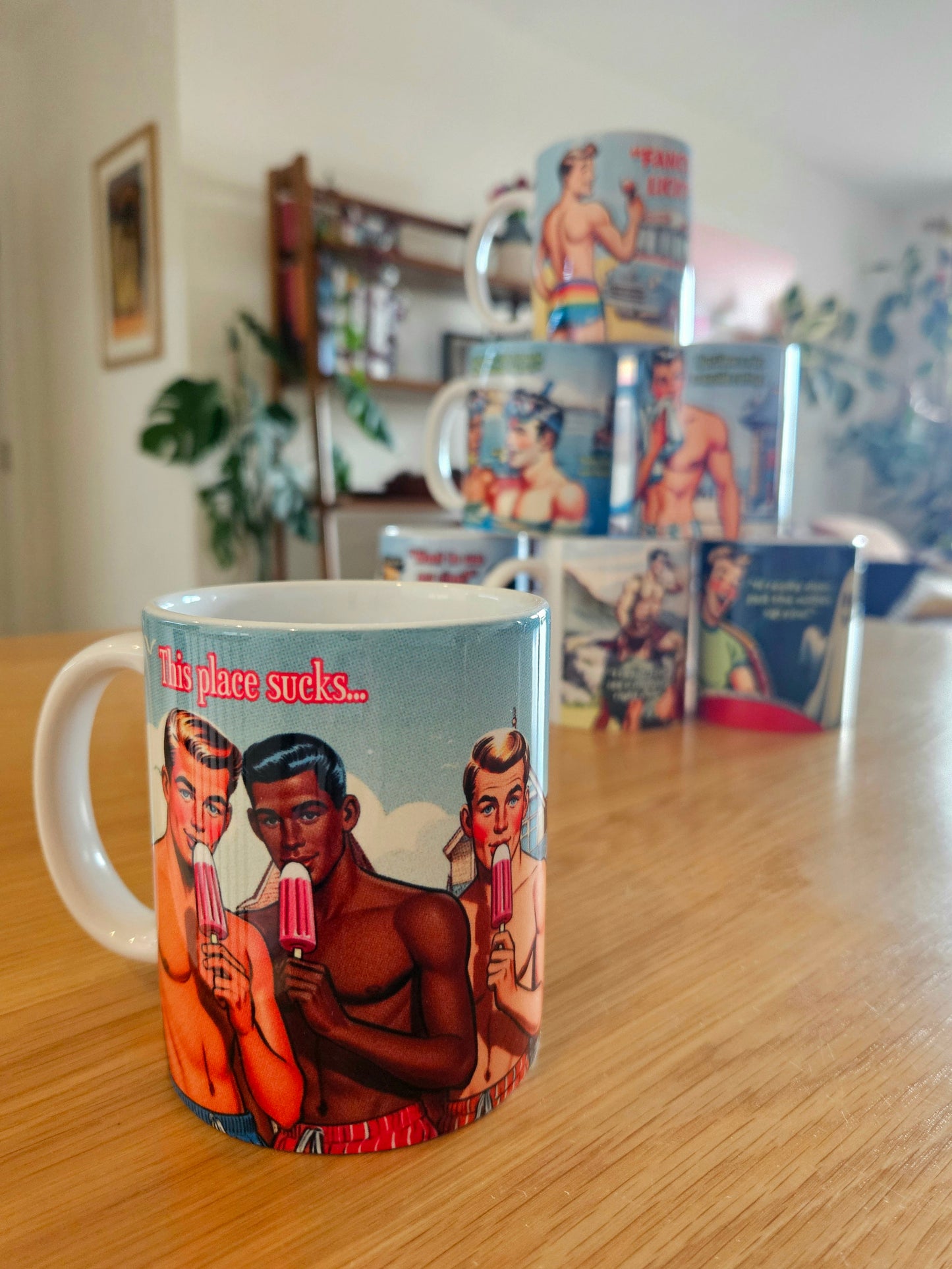 Funny gay ceramic mug inspired by saucy seaside postcard cartoon humour: This Place Sucks