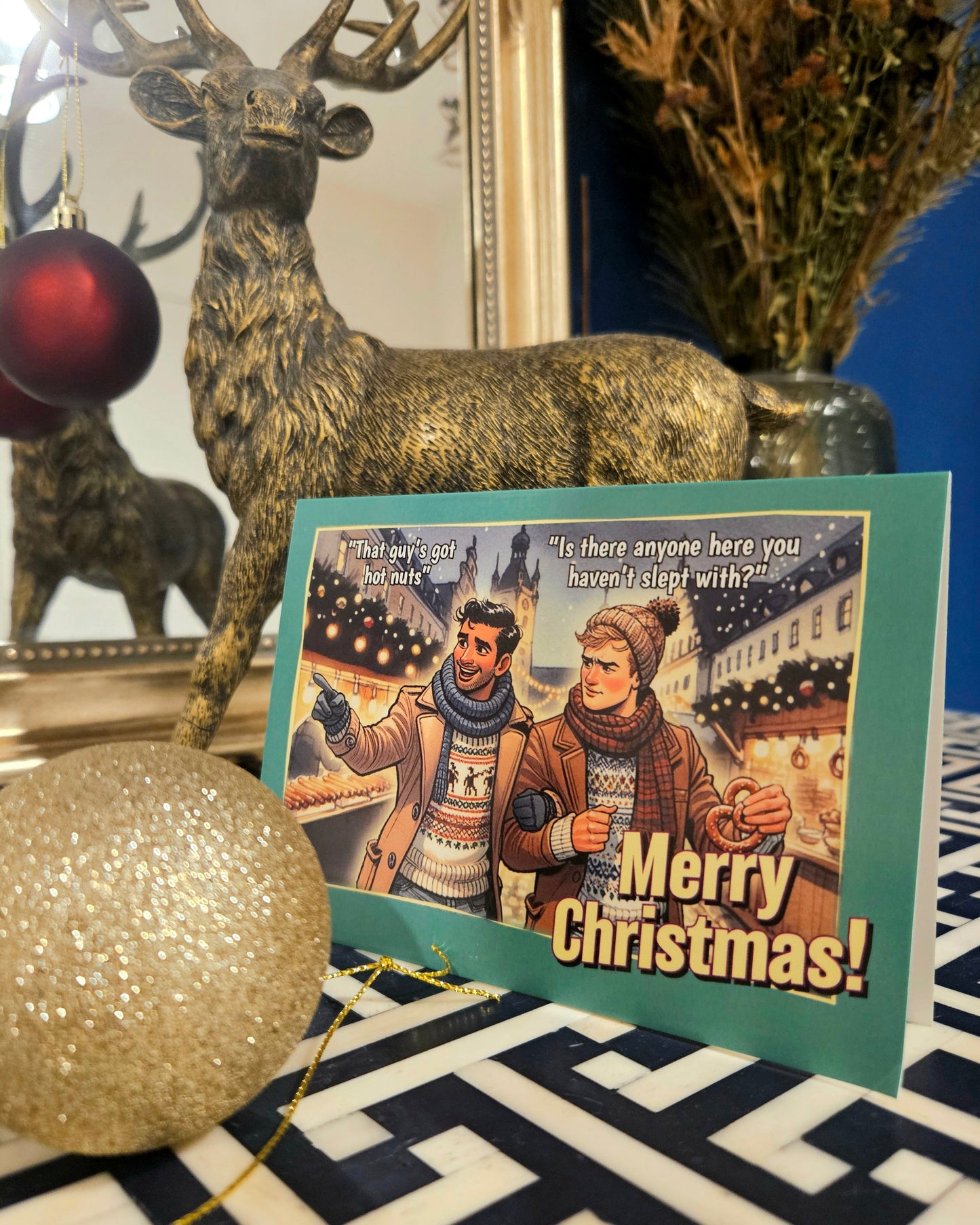 Funny Gay Christmas Card: Hot Nuts at the Christmas Market