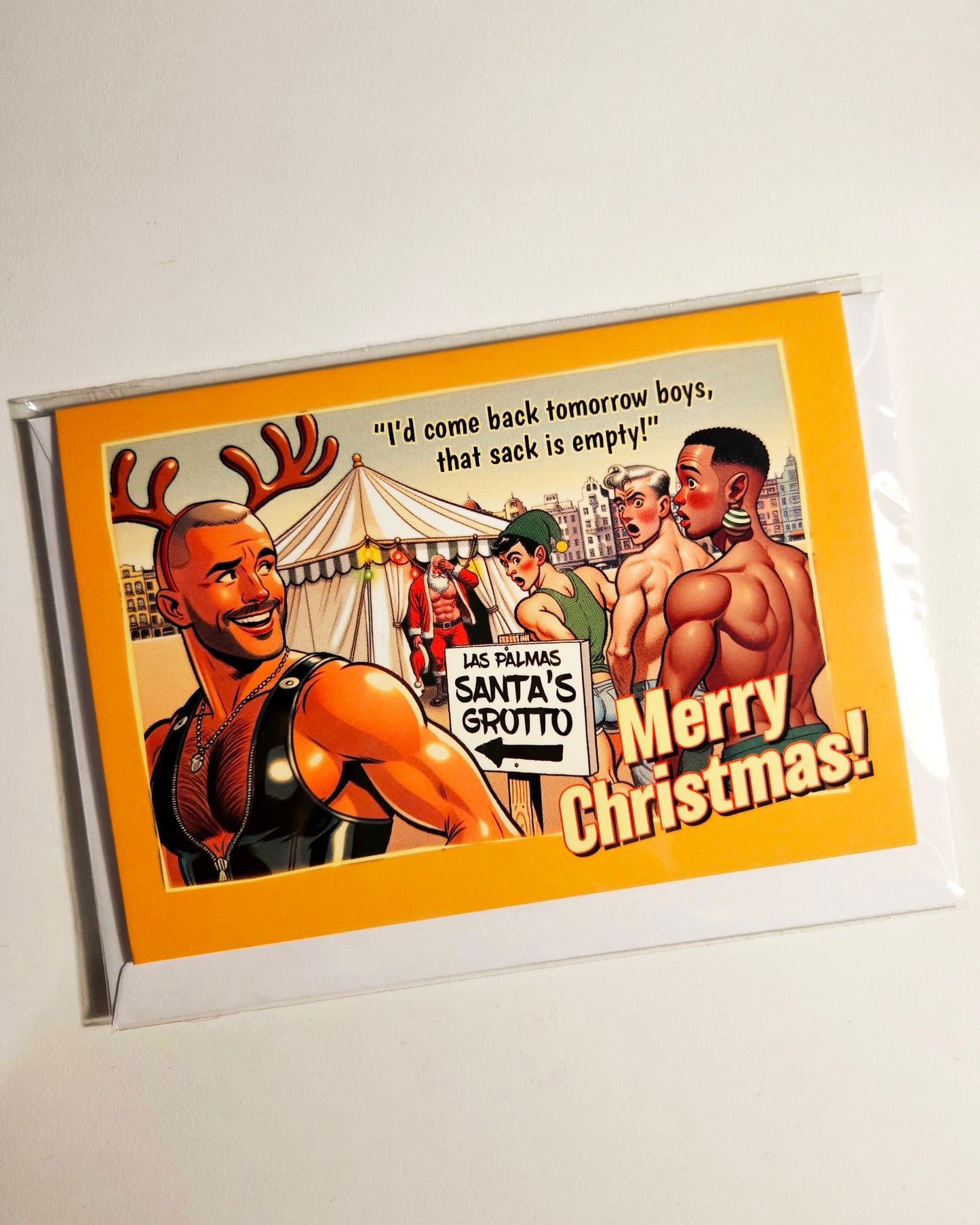 Funny Gay Christmas Card: Gran Canaria Santa's Grotto