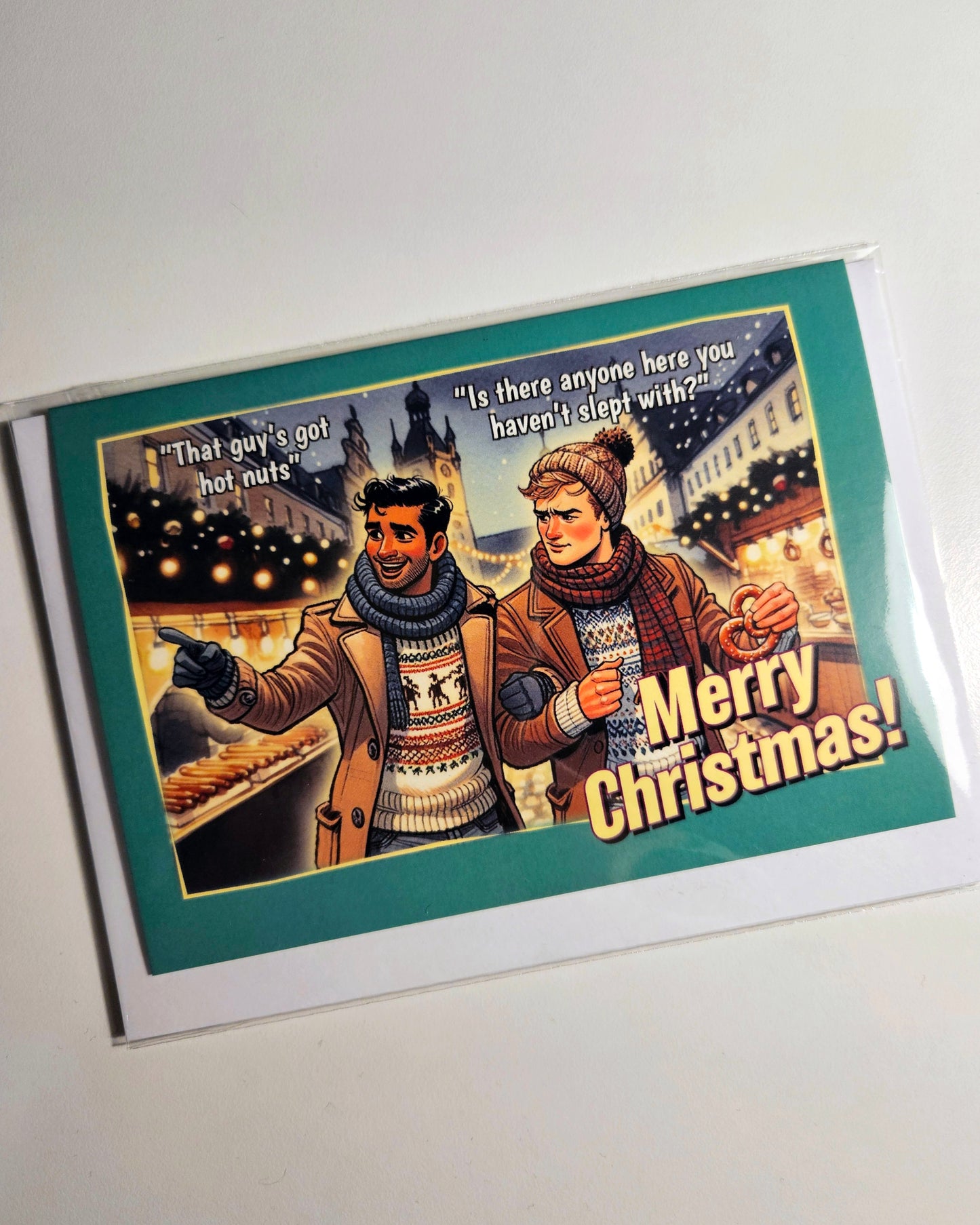 Funny Gay Christmas Card: Hot Nuts at the Christmas Market