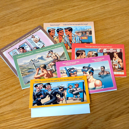 Set of 6 gay notecards/greeting cards inspired by vintage seaside humour. Set A