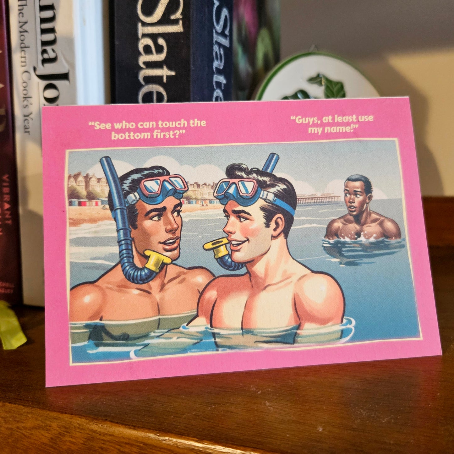 Set of 6 gay notecards/greeting cards inspired by vintage seaside humour. Set A