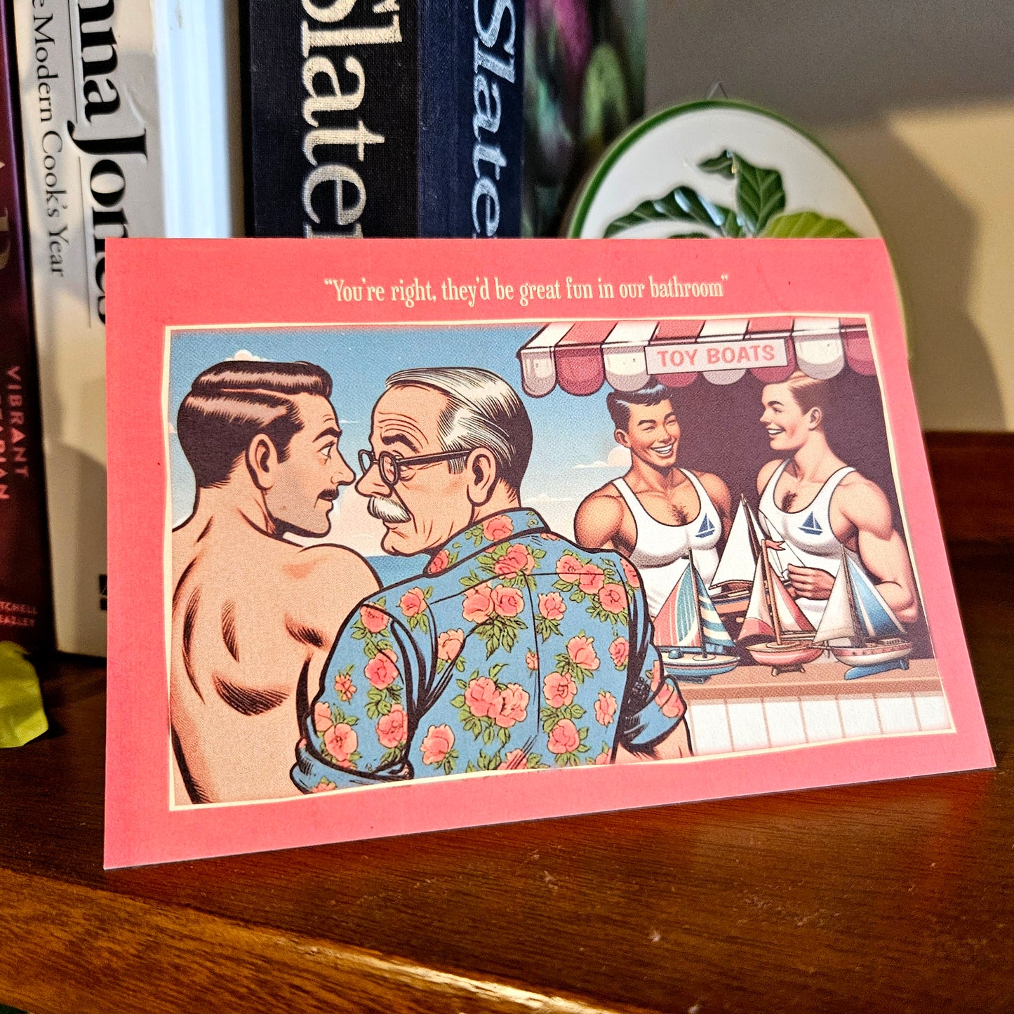 Set of 6 gay notecards/greeting cards inspired by vintage seaside humour. Set A