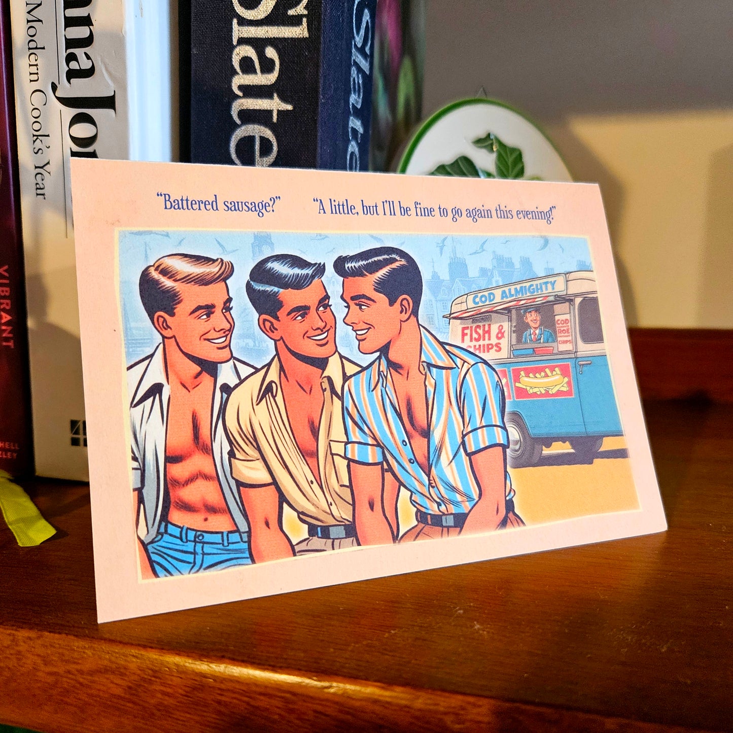 Set of 6 gay notecards/greeting cards inspired by vintage seaside humour. Set A