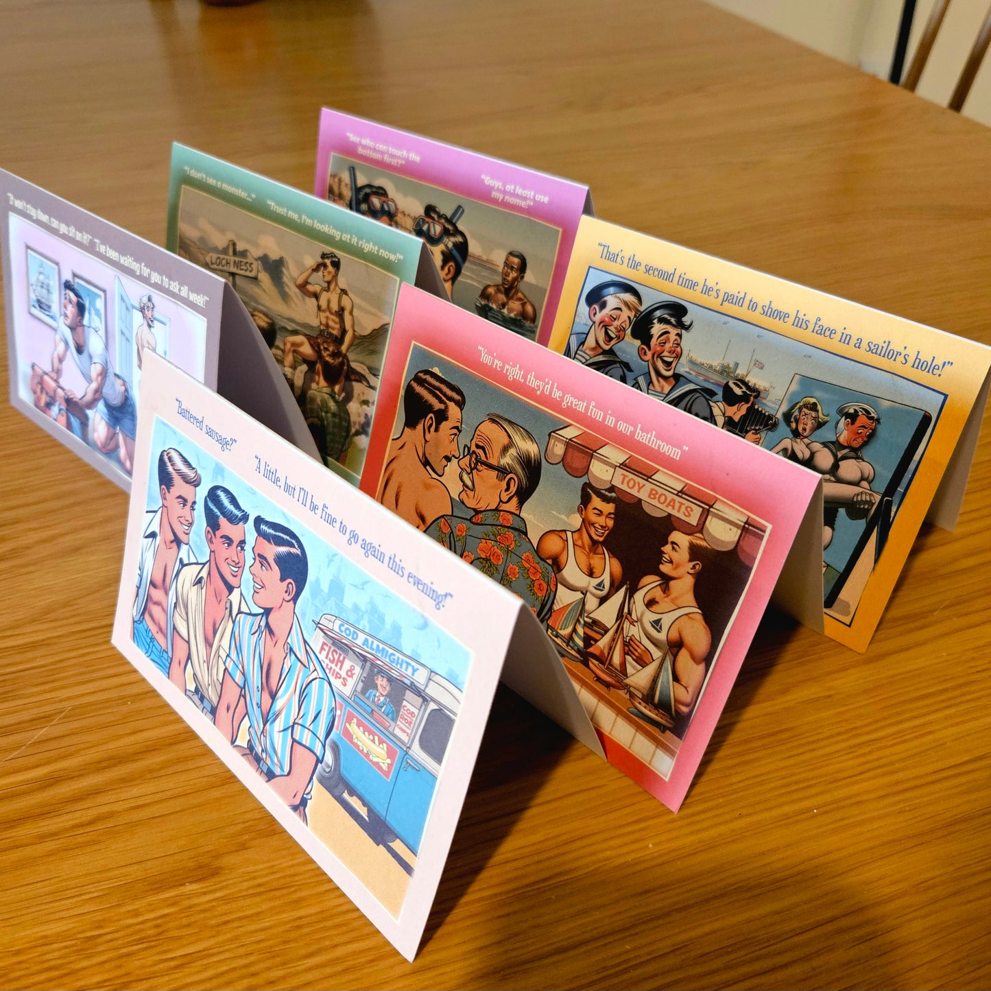 Set of 6 gay notecards/greeting cards inspired by vintage seaside humour. Set A
