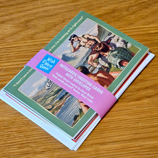 Set of 6 gay notecards/greeting cards inspired by vintage seaside humour. Set A