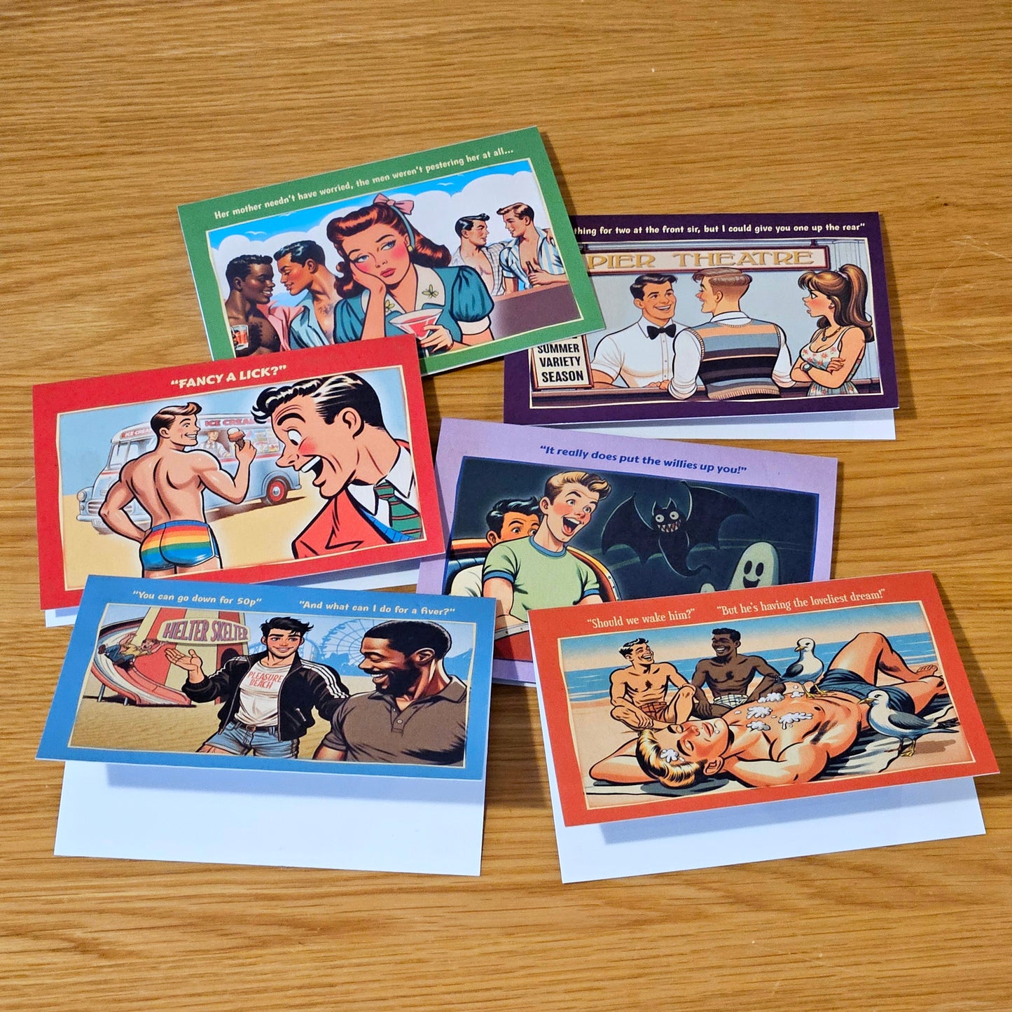 Set of 6 gay notecards/greeting cards inspired by vintage seaside humour. Set B