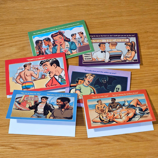 Set of 6 gay notecards/greeting cards inspired by vintage seaside humour. Set B