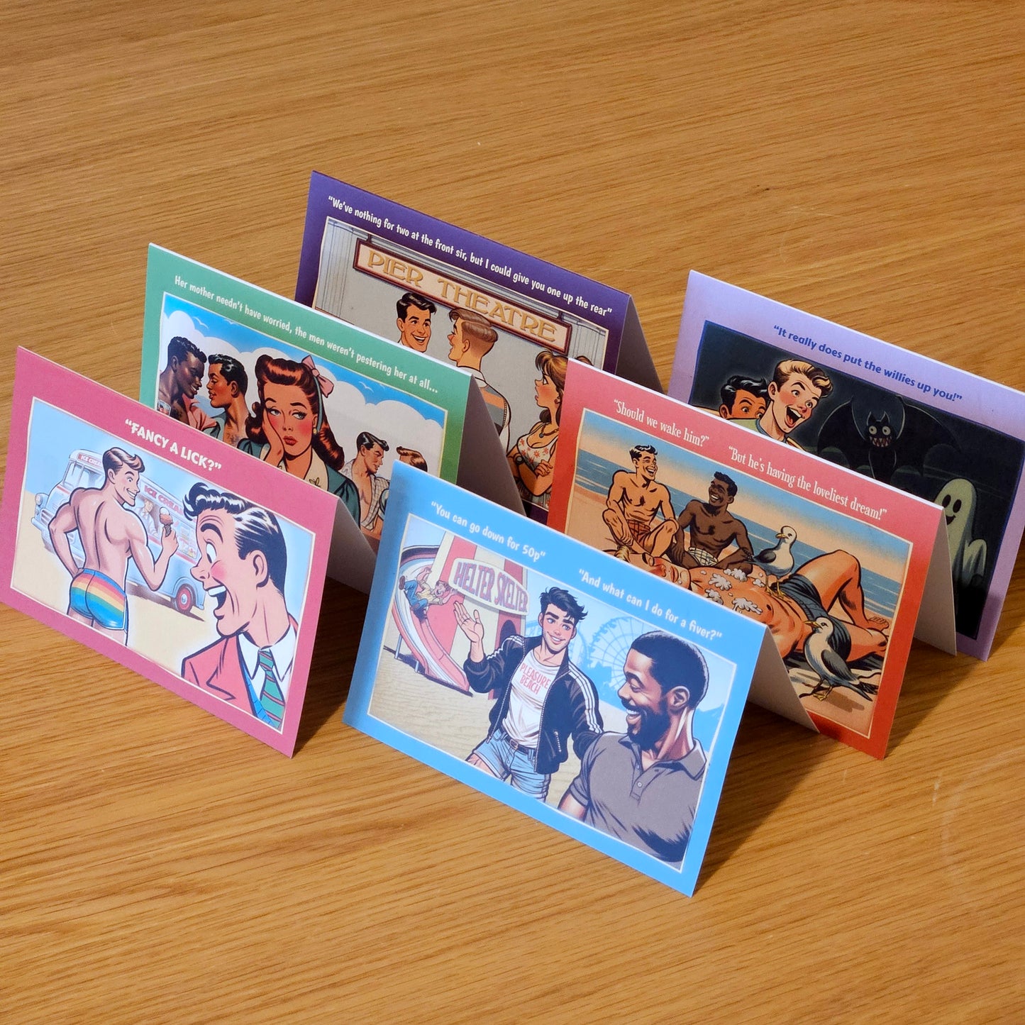 Set of 6 gay notecards/greeting cards inspired by vintage seaside humour. Set B