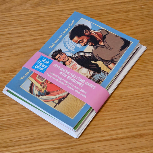 Set of 6 gay notecards/greeting cards inspired by vintage seaside humour. Set B