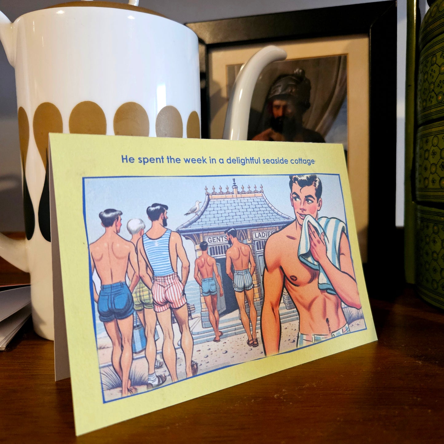 Set of 6 gay notecards/greeting cards inspired by vintage seaside humour. Set C