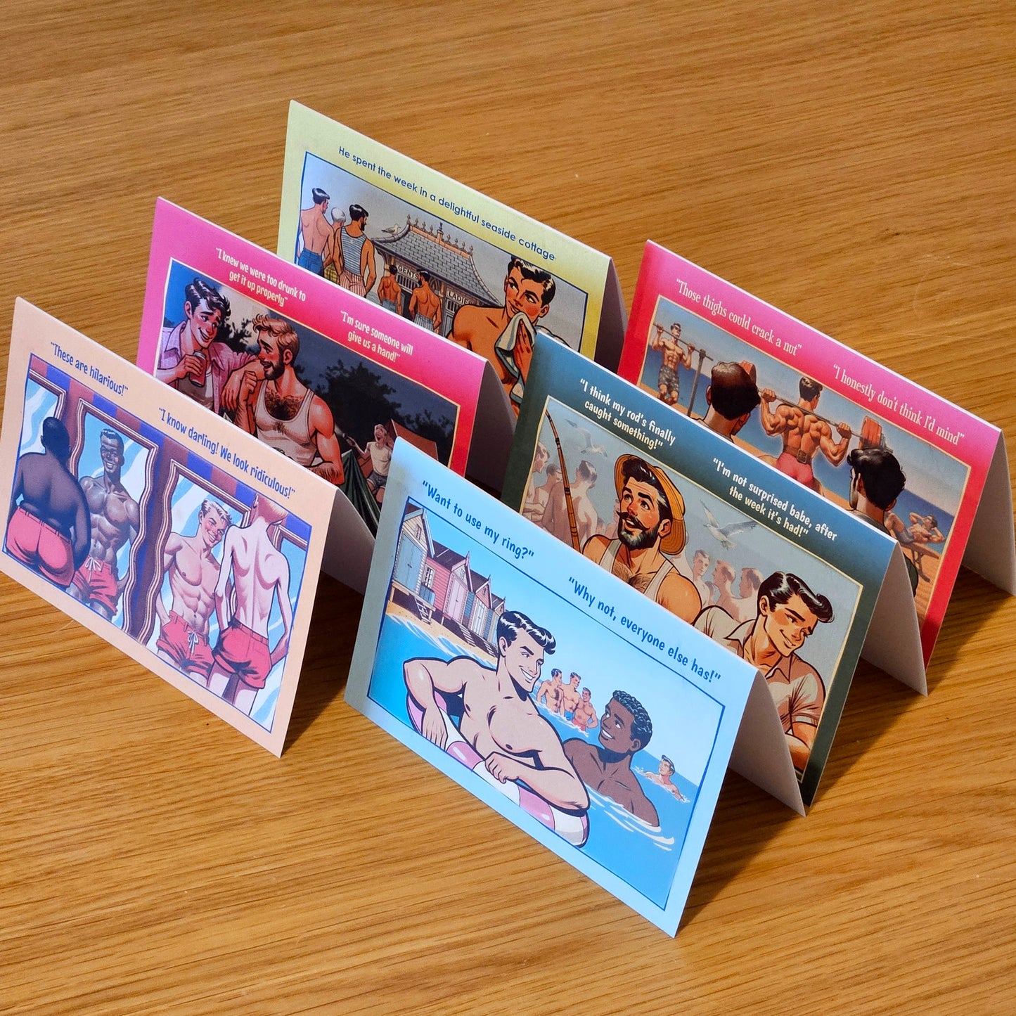 Set of 6 gay notecards/greeting cards inspired by vintage seaside humour. Set C