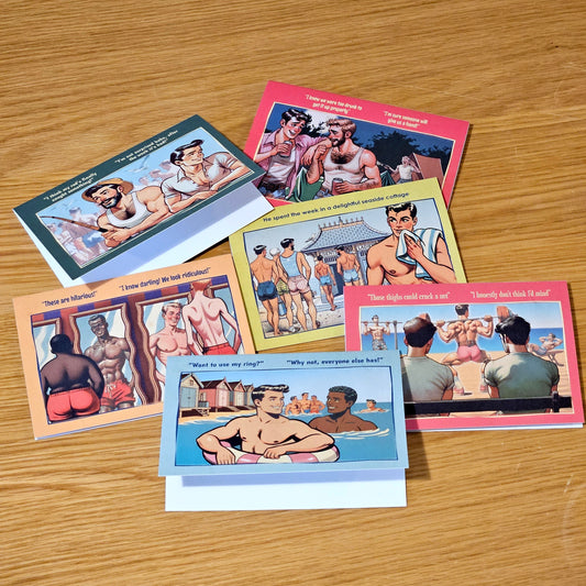 Set of 6 gay notecards/greeting cards inspired by vintage seaside humour. Set C