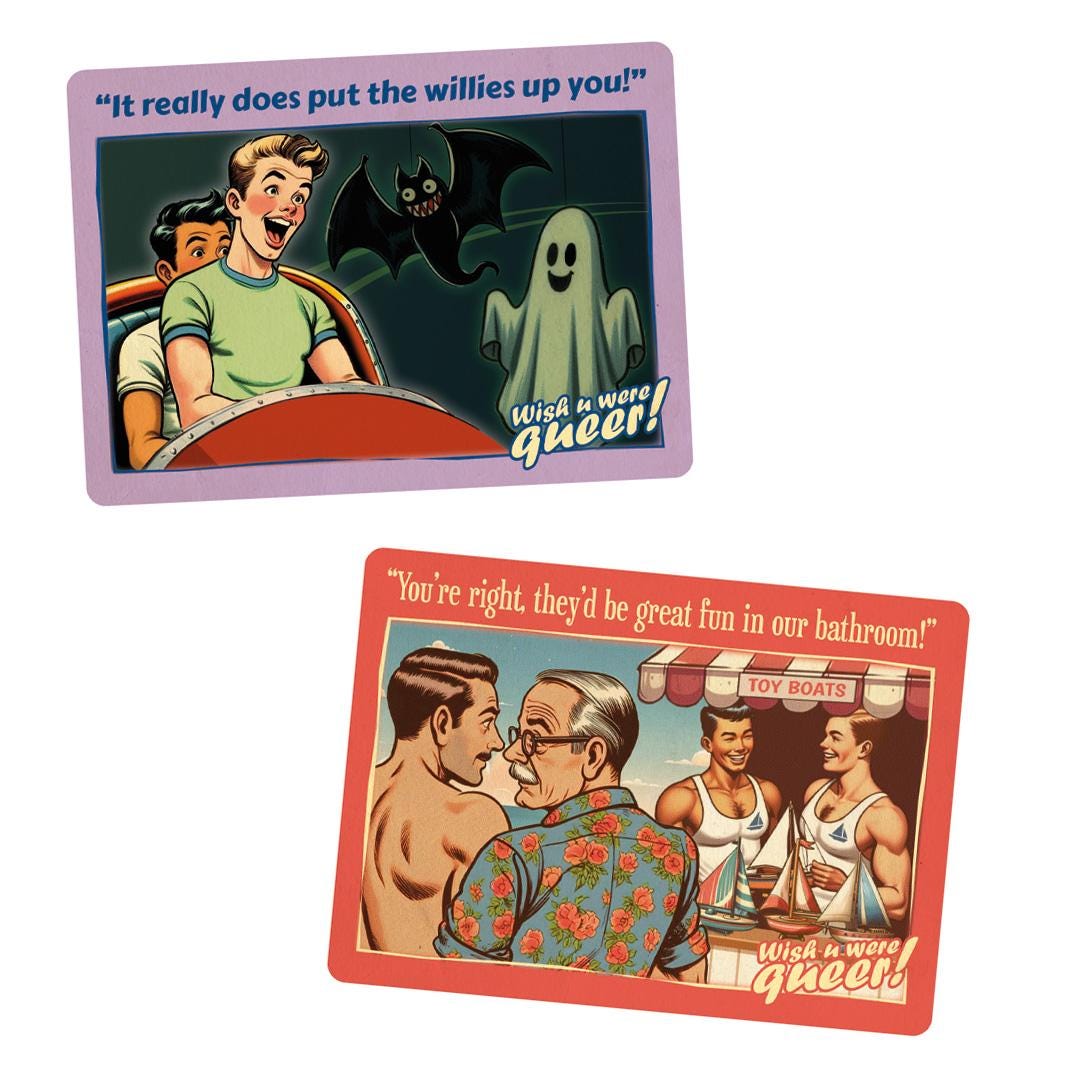 Sticker sheet: 6 gay retro saucy seaside postcards - Set B