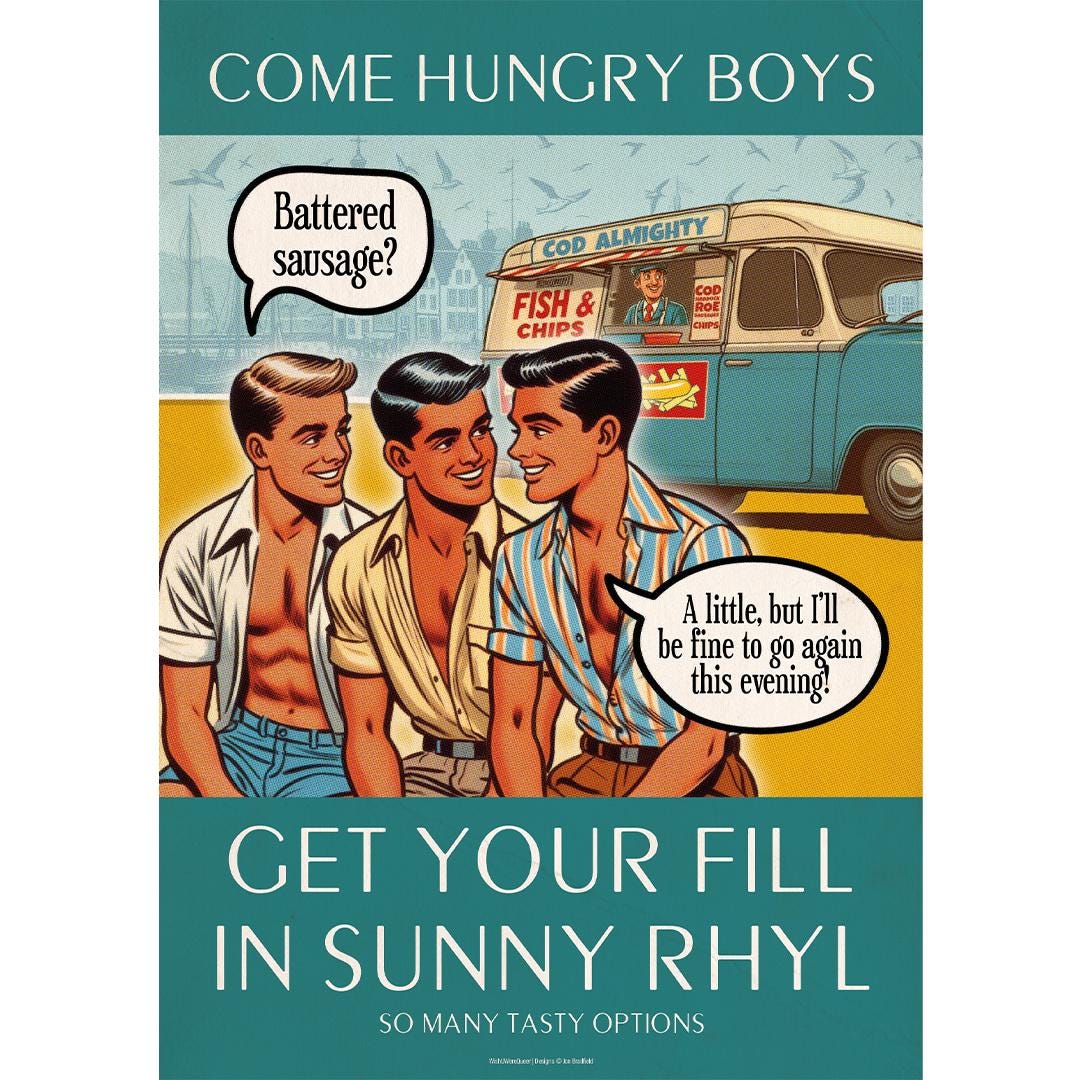 Gay retro travel poster print: Battered Sausage