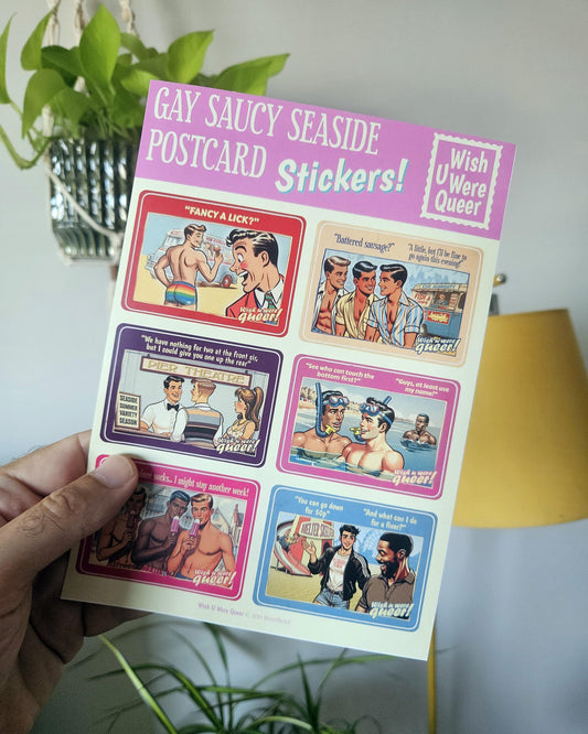 Sticker sheet: 6 gay retro saucy seaside postcards - Set A