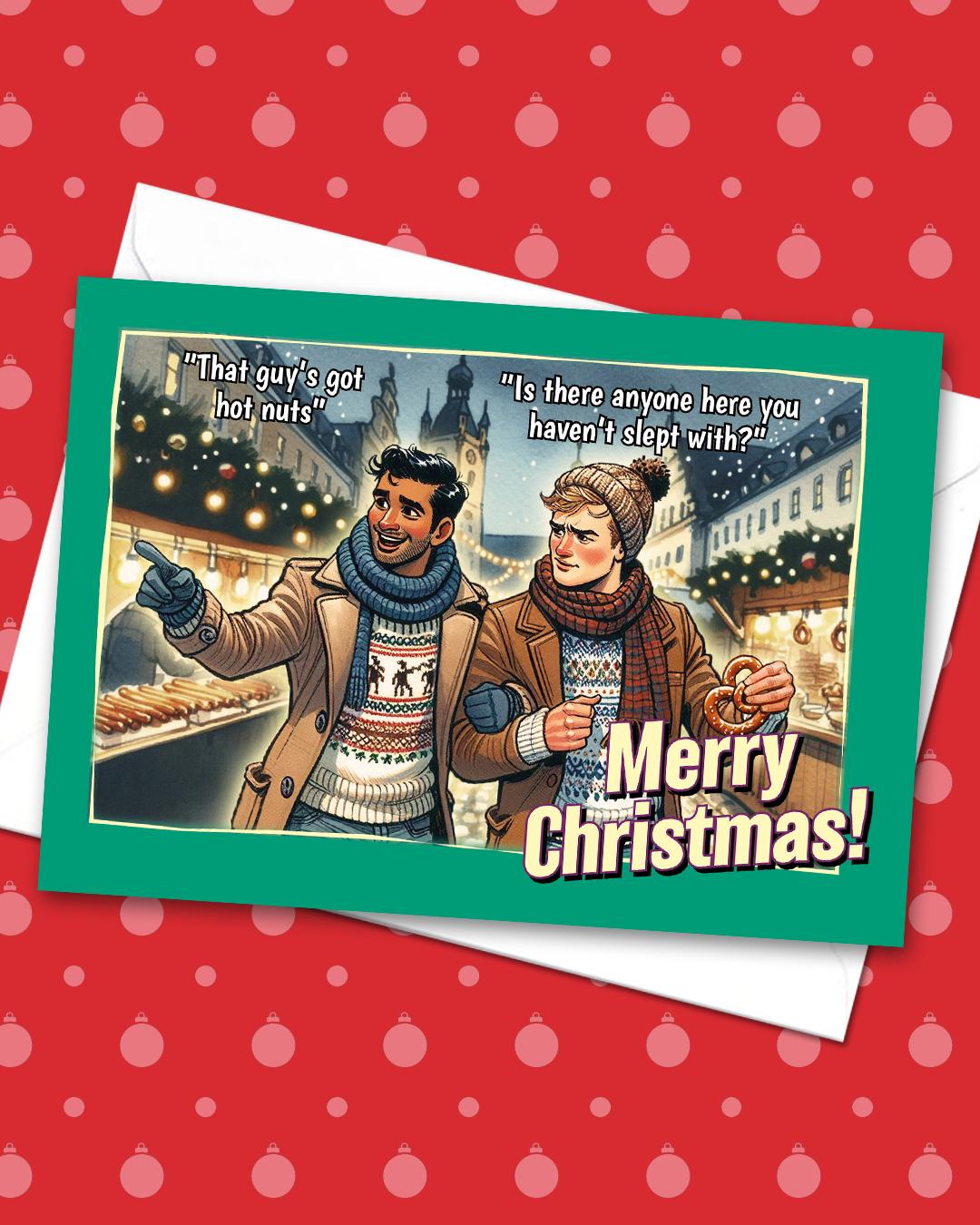 Pack of funny gay Christmas cards: Hot Nuts at the Christmas Market
