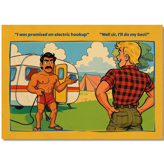Funny Gay Art Postcard: Electric Hookup