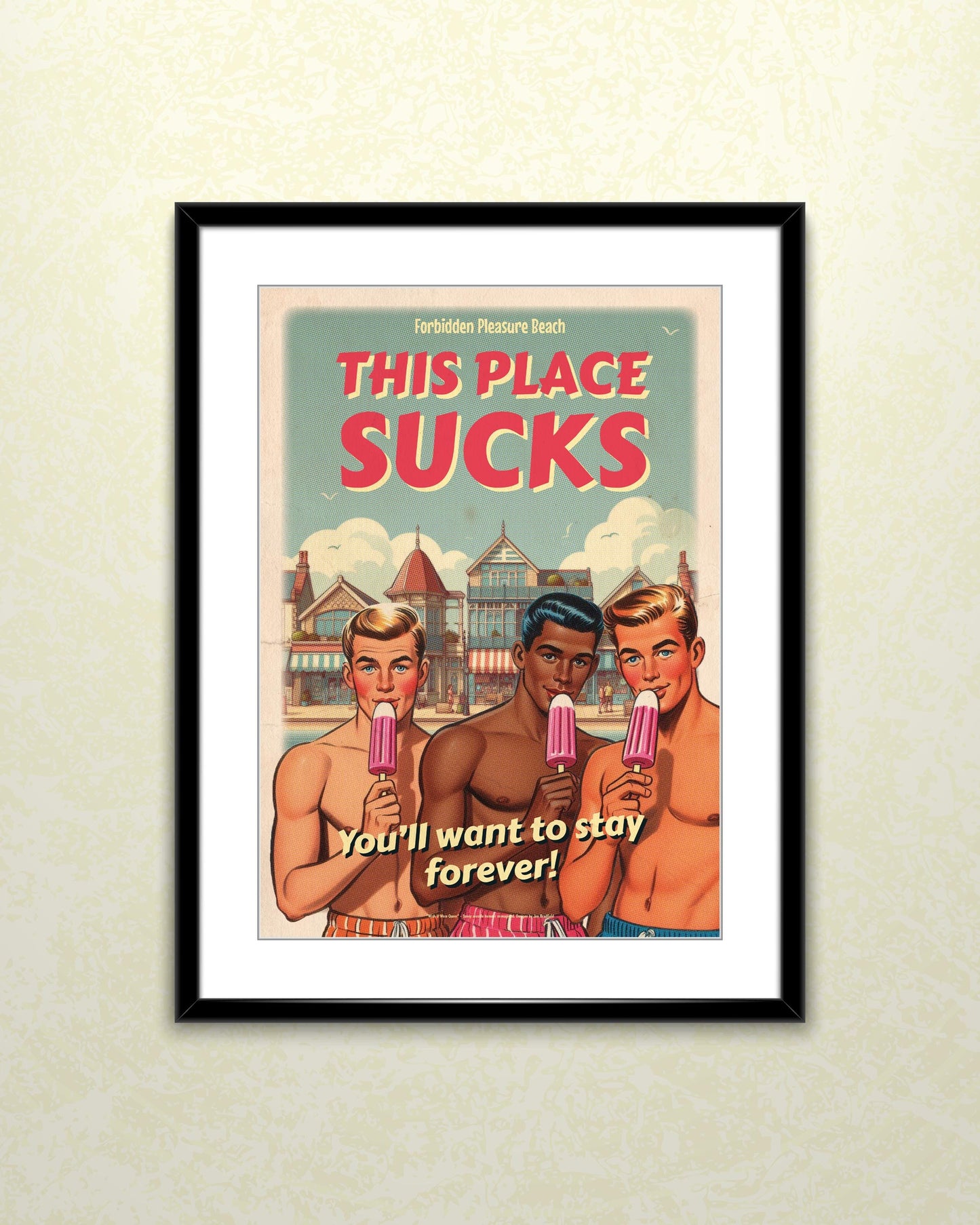 Gay vintage-style art poster print: This Place Sucks