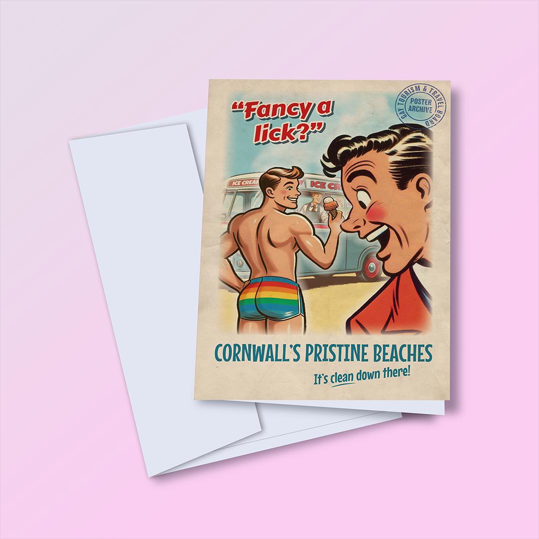 Funny vintage-style gay greeting card: travel poster - Fancy A Lick?