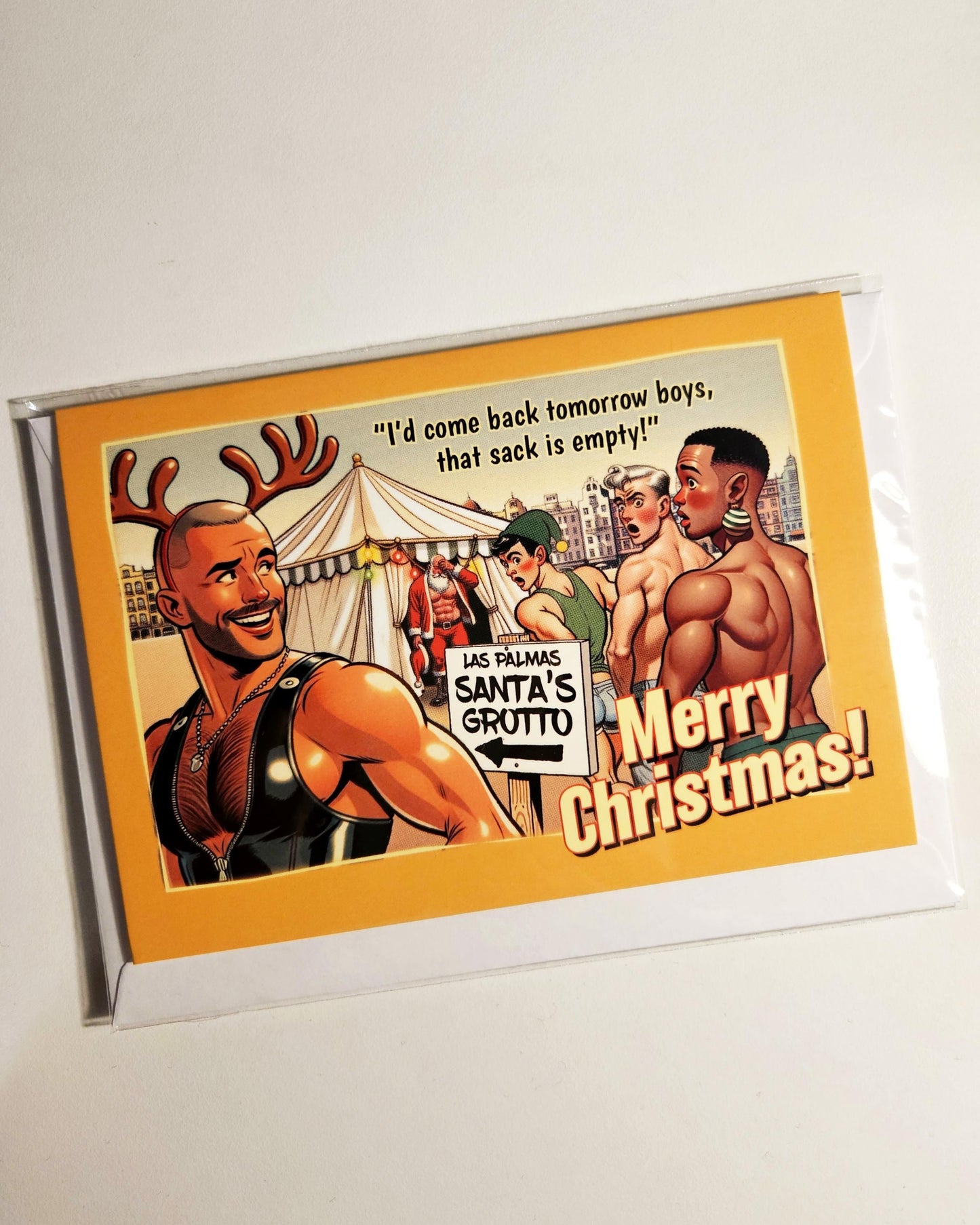 Funny Gay Christmas Card: Gran Canaria Santa's Grotto