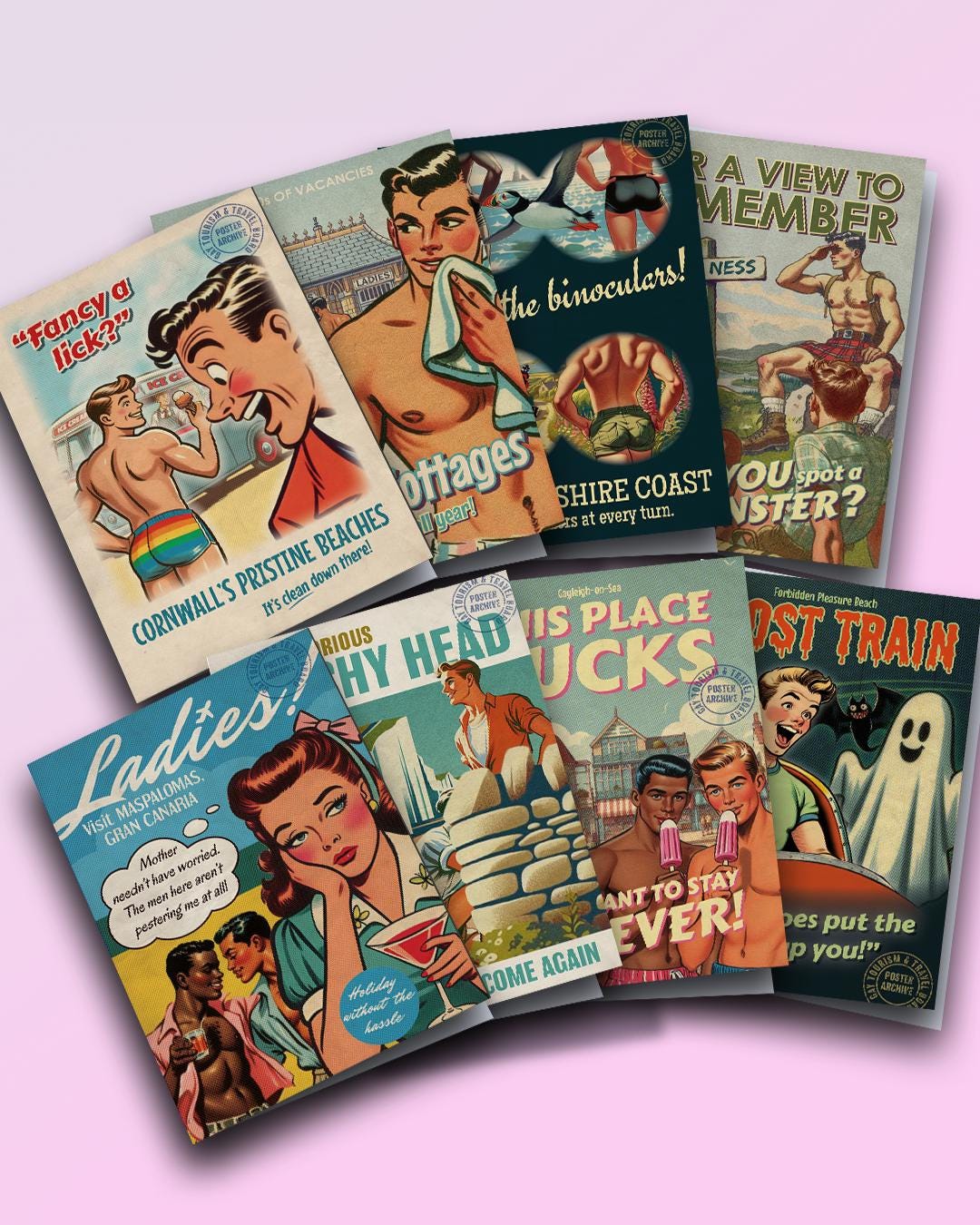 Funny gay greeting card: vintage travel poster - Bring the Binoculars